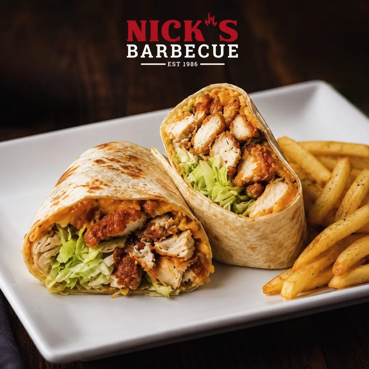 Chicken Cheddar Wrap &amp; Fries on special this month‼️
&bull;
&bull;
#nicksbbq #burbank #alsip #tinleypark #homerglen