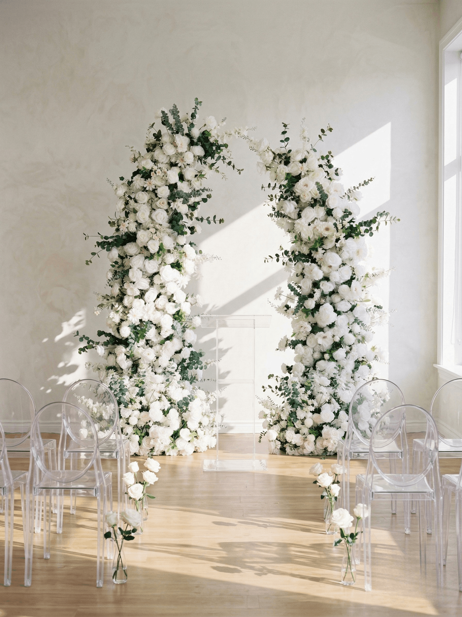 Bianca Classic White & Eucalyptus Broken Floral Arch with Frame