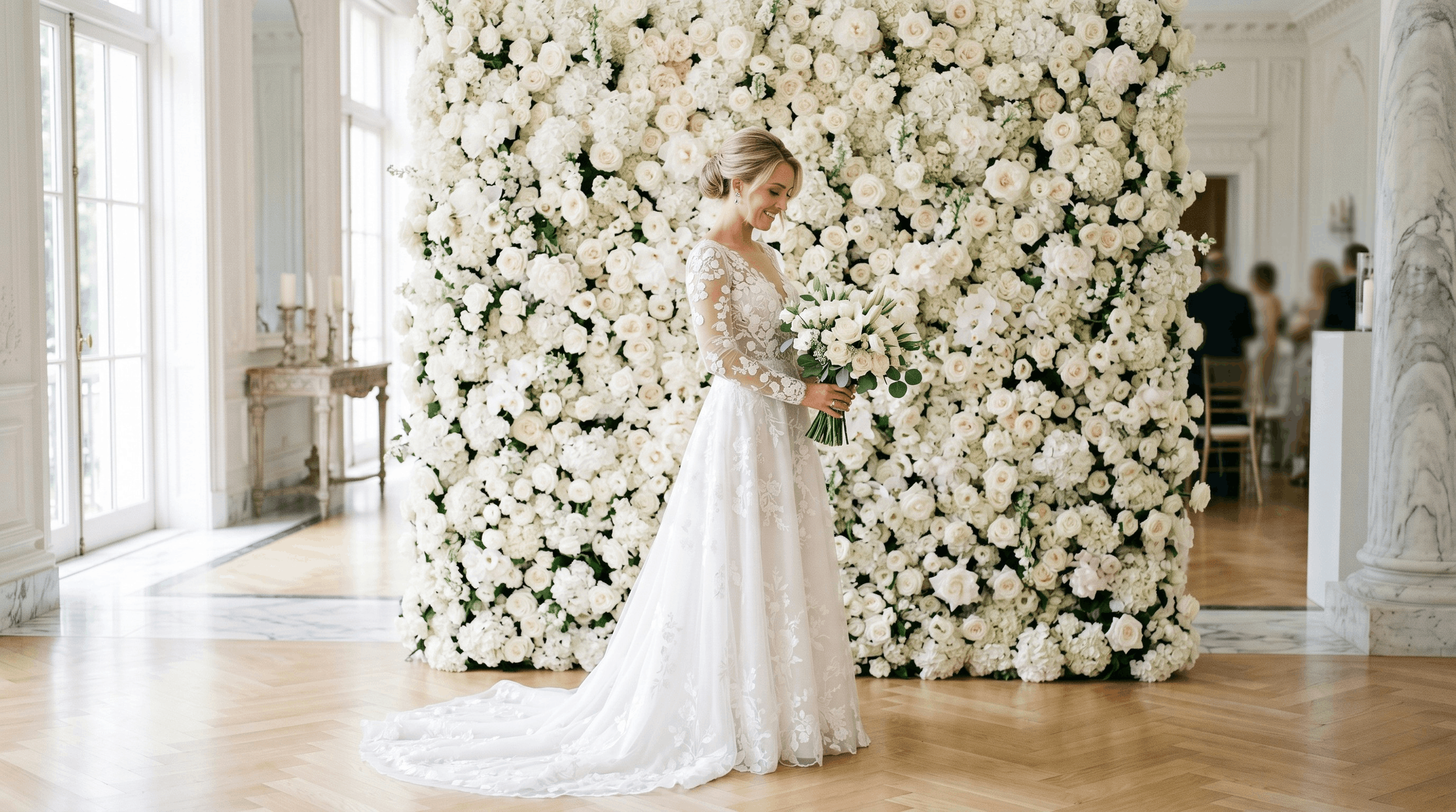 Large professional-grade white artificial flower wall for sale, featuring high-quality silk roses and hydrangeas, ideal for luxury wedding ceremonies and high-end event backdrops.