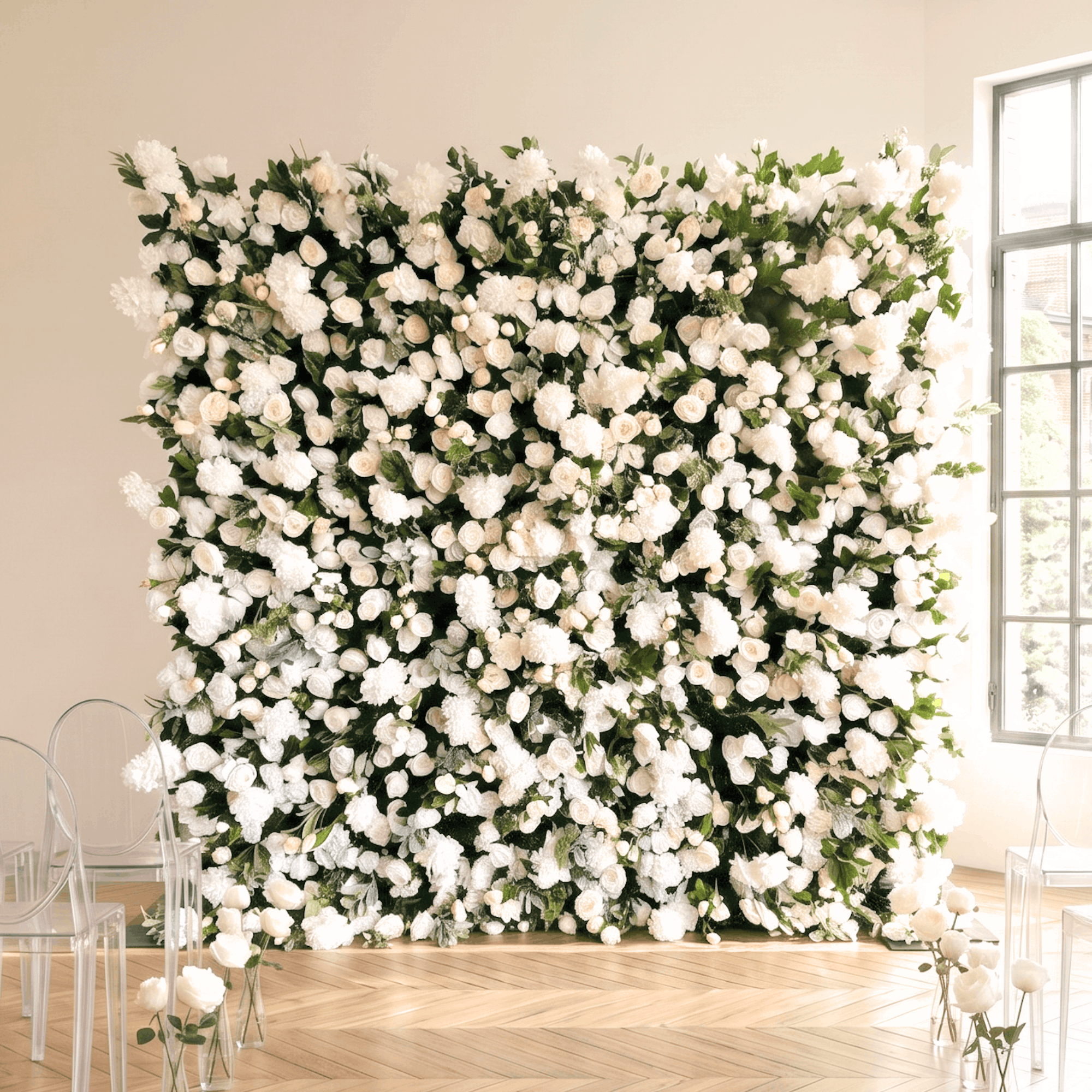 Large white silk rose flower wall backdrop, shippable premium artificial flower panels for event planners and wedding venues, luxury floral wall decor for sale.