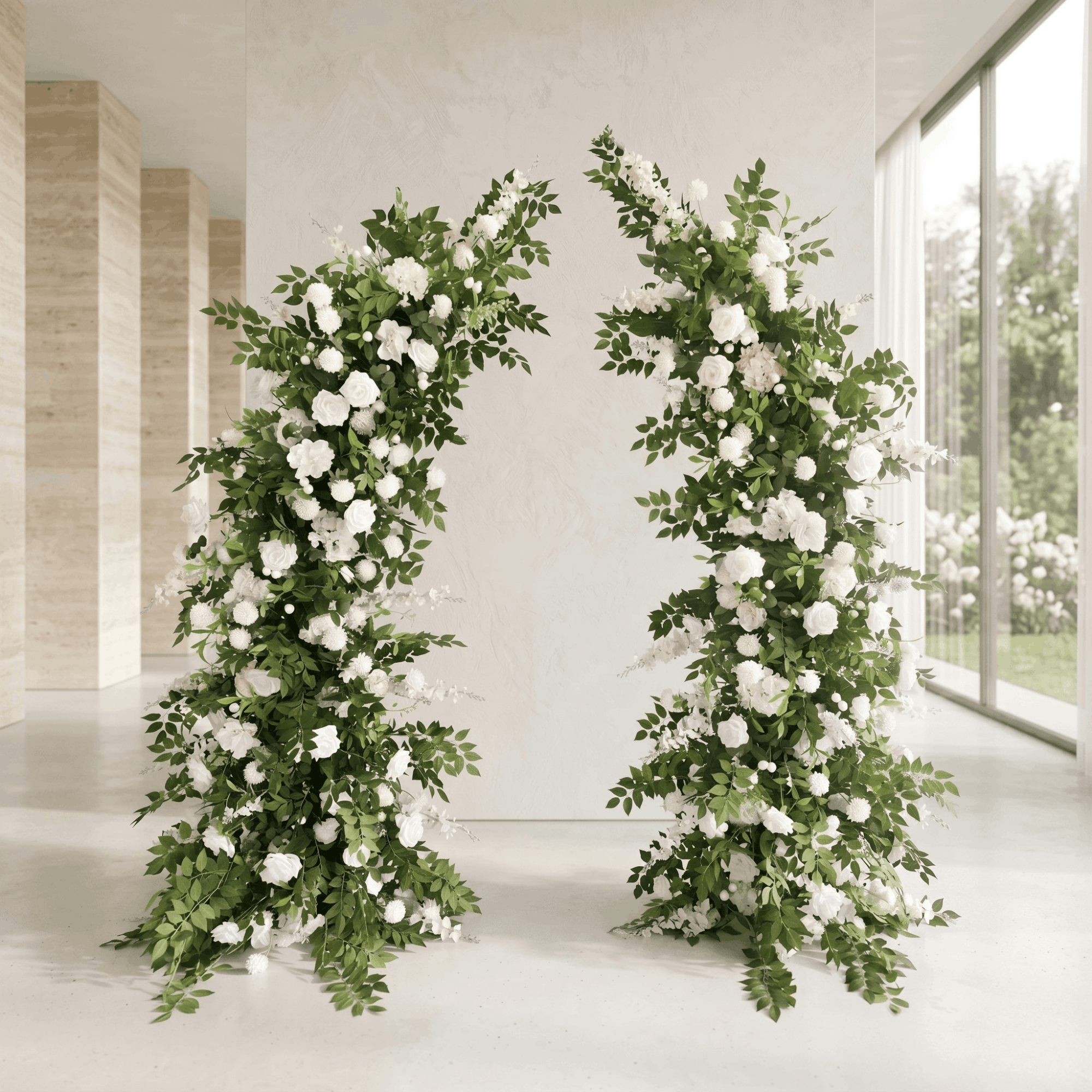 Pair of 3D luxury white rose and hydrangea silk flower arches, floor-standing wedding floral pillars, artificial wedding flowers for shop purchase and nationwide delivery.