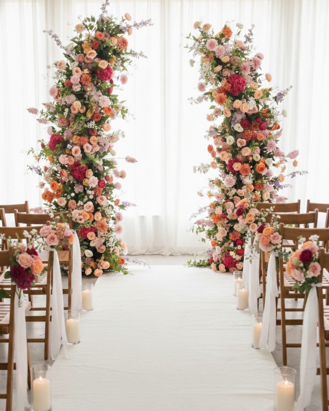 The Juliet flower arch rental in Nashville featuring a lush, colorful broken arch design with silk roses, peonies, and ranunculus in pink, peach, and coral tones, paired with matching aisle flower markers.
