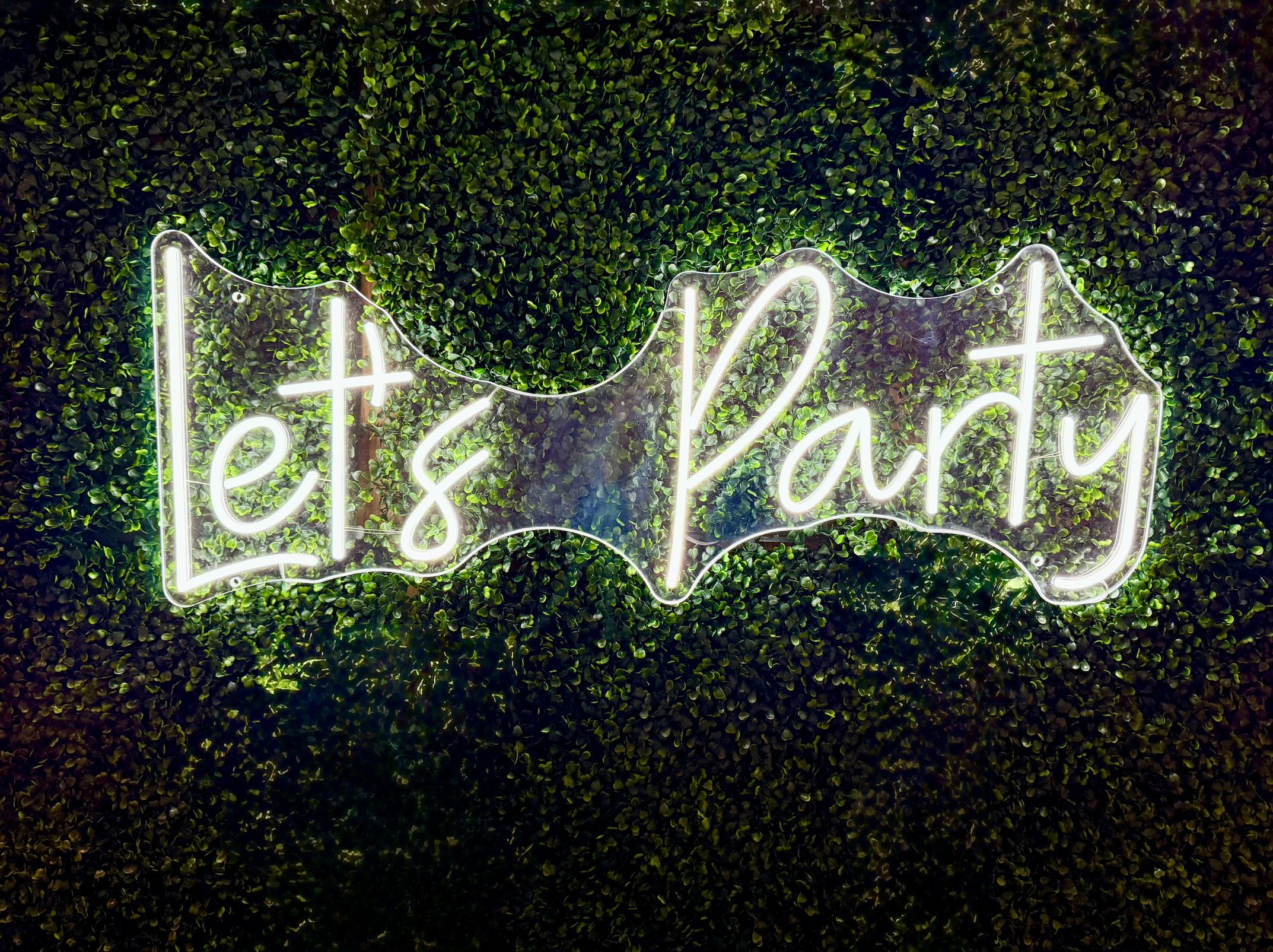 Neon "Let's Party" sign on a green leafy background.
