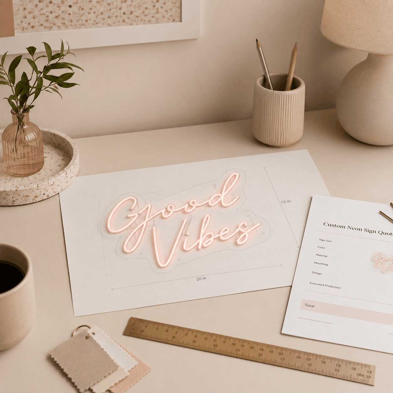 Custom neon sign design being reviewed for sizing and quote preparation