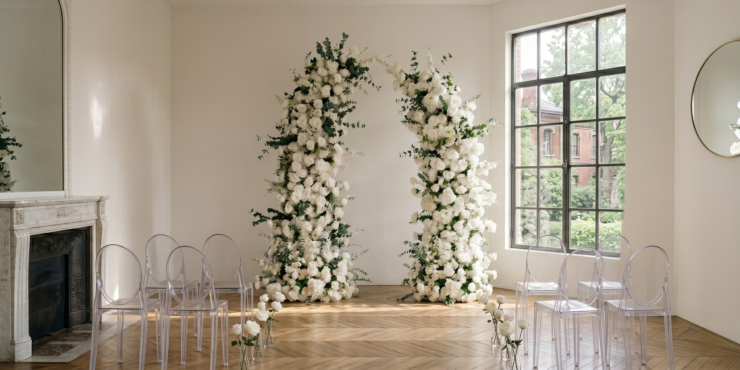 Large professional-grade white artificial flower arch for sale, featuring high-quality silk roses and hydrangeas, ideal for luxury wedding ceremonies and high-end event backdrops.