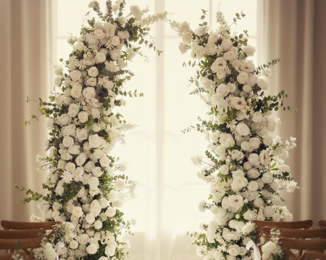 Bianca Classic White & Eucalyptus Broken Floral Arch with Frame