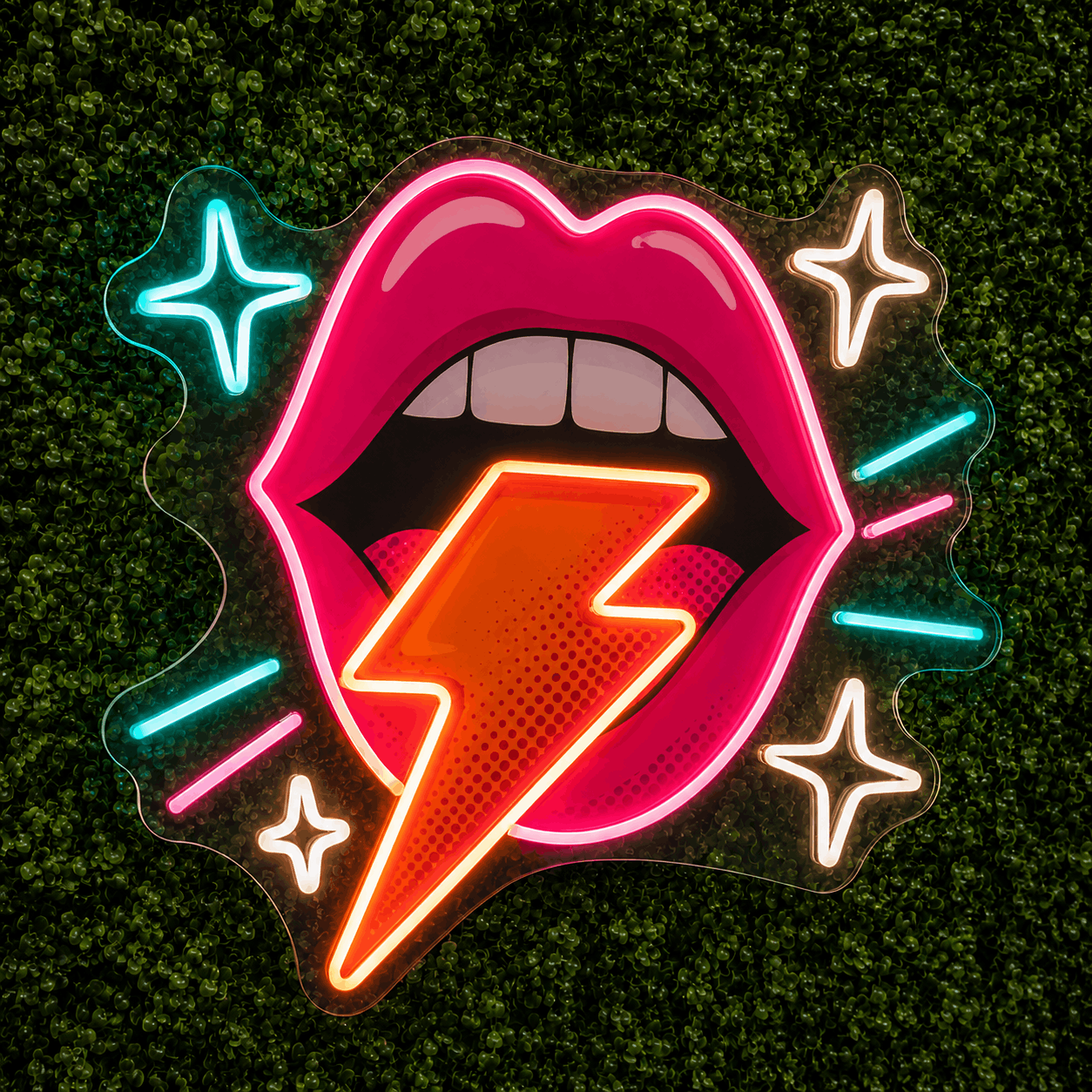 Custom UV printed lips sign with colorful LED neon mounted on a boxwood backdrop