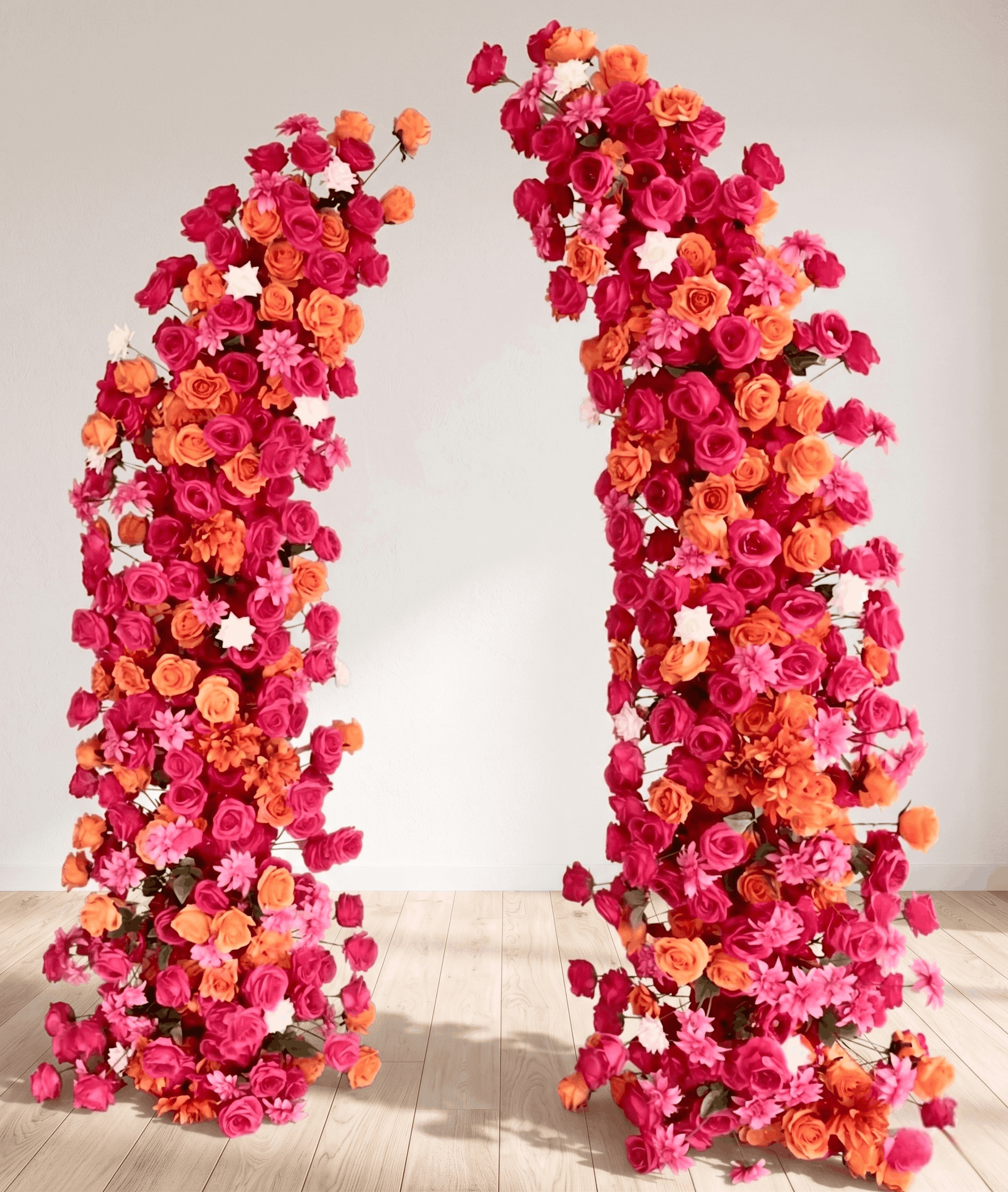 Vibrant 3D Botanical Entrance Arch | Hot Pink & Tangerine Floral Pillars