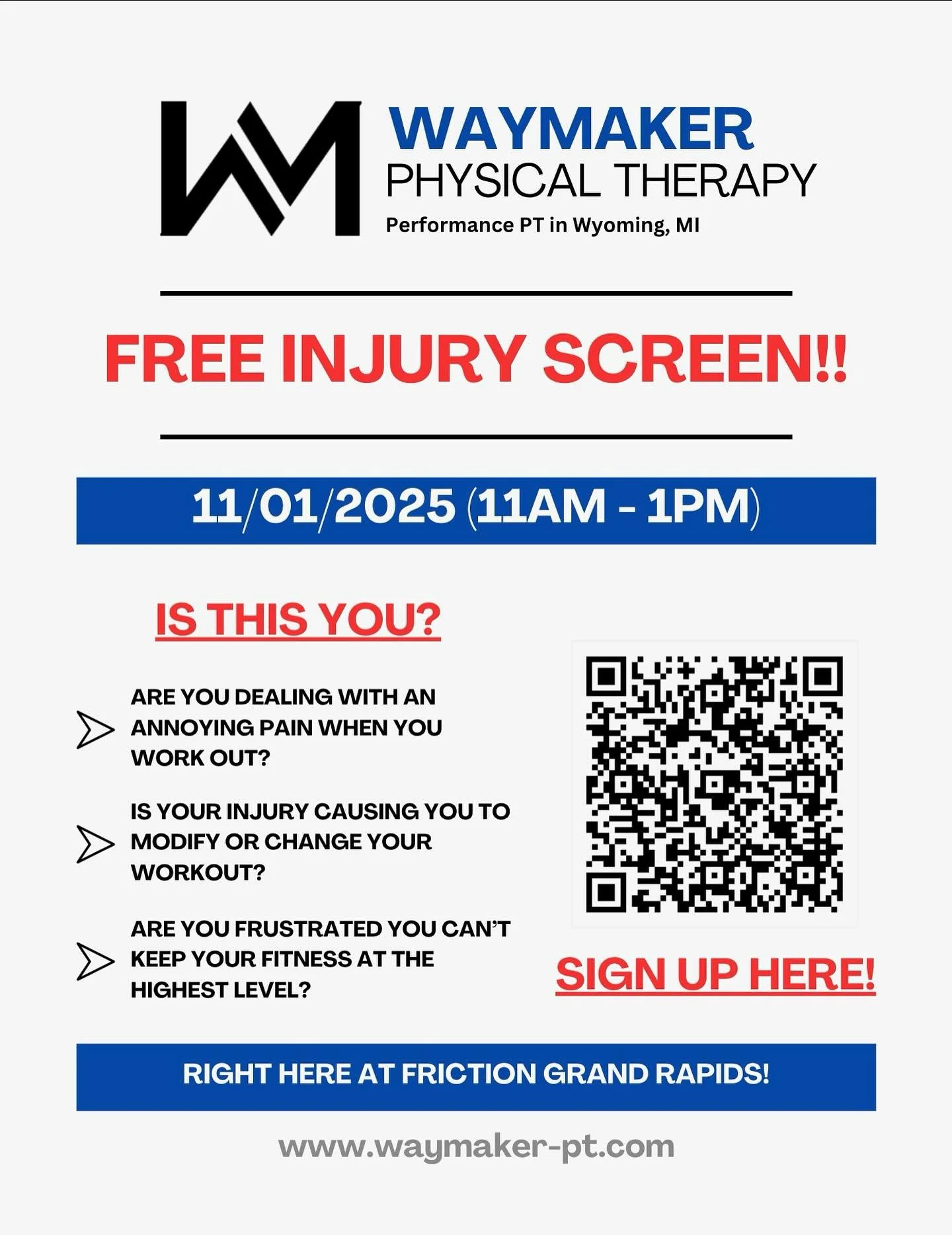 Something hurt when you train? 🤕
Or maybe your mobility&rsquo;s holding you back?

We&rsquo;ll be at Friction Grand Rapids on Nov. 1 doing free injury screens!

Talk with a PT about your pain, injuries, and goals &mdash; and leave knowing exactly wh