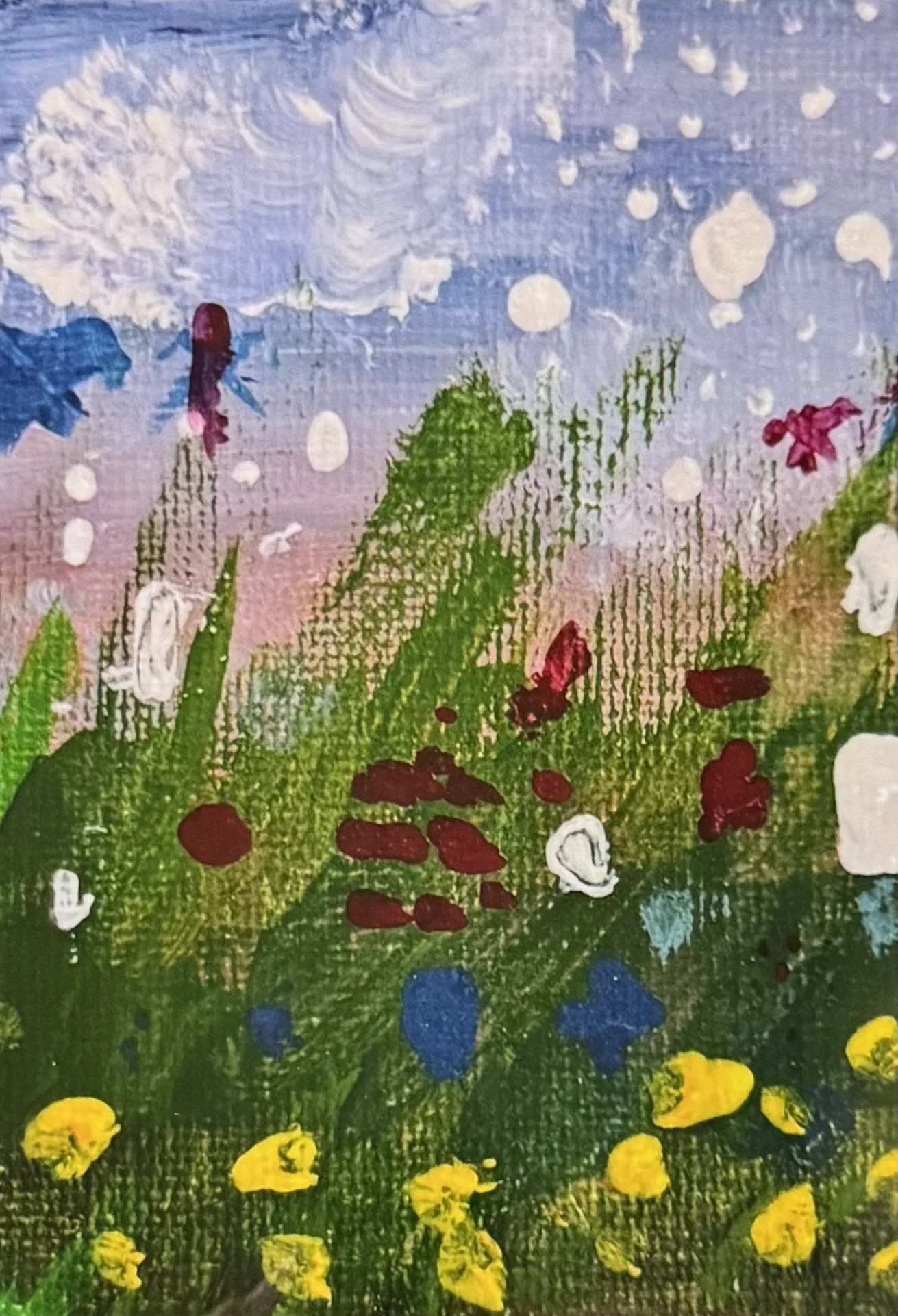 Benjamin Harrison - Peaceful Garden (2025) - Acrylic on plaster - I wanted to make the garden and clouds, as well as the bits of dandelions that catch the wind.