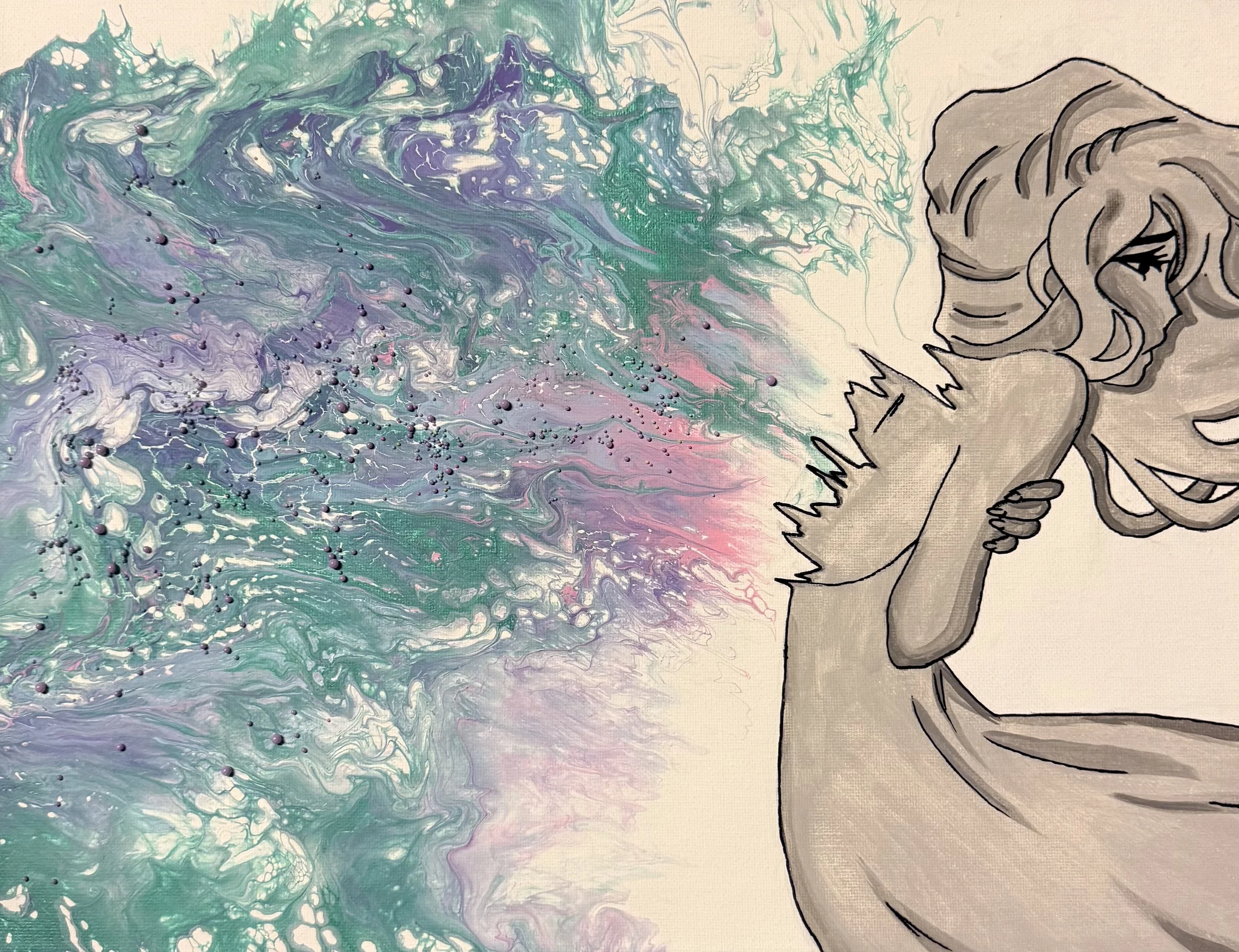 Melaynie Jaye - On The Inside (2026) - Acrylic on canvas - On The Inside is one of three artworks that form a collection. This collection explores the quiet, persistent grief of existing behind a mask that was never meant to fit forever. As an autist