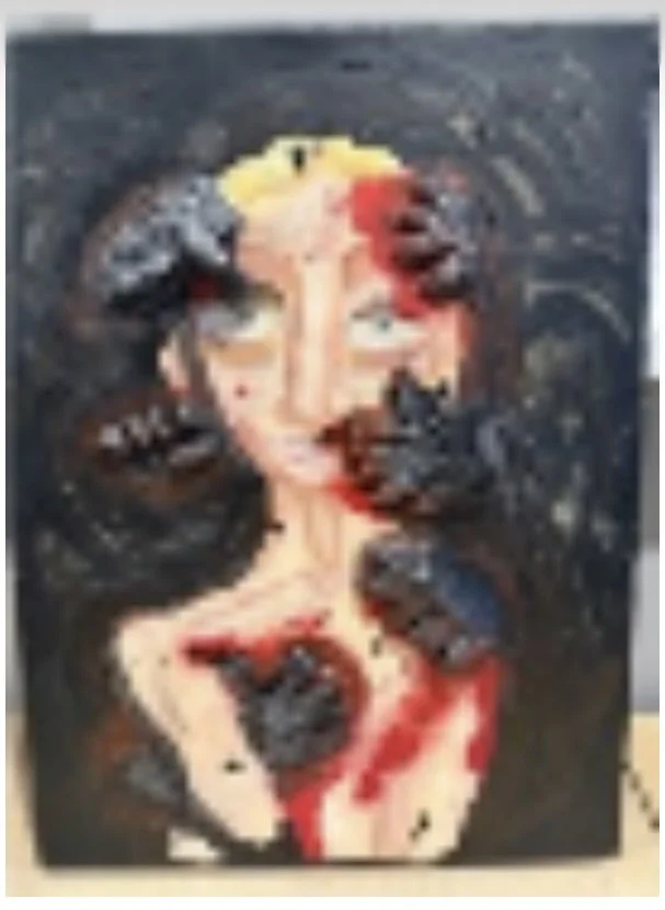 Rollin Thornton - Caught in the Grey (2026) - Acrylic and sculpture - Originally based off a Zine I created called The Void, it trans morphed into this depiction of depression and conformity by the world, resulting in one caught in a void or 'the gre
