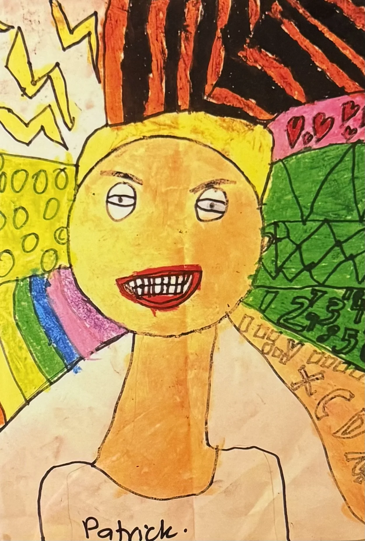 Patrick Harrison - Self Portrait (2025) - Oil pastels on paper - This is an expression of myself that I created at school. I liked the colours. I like Math and English.