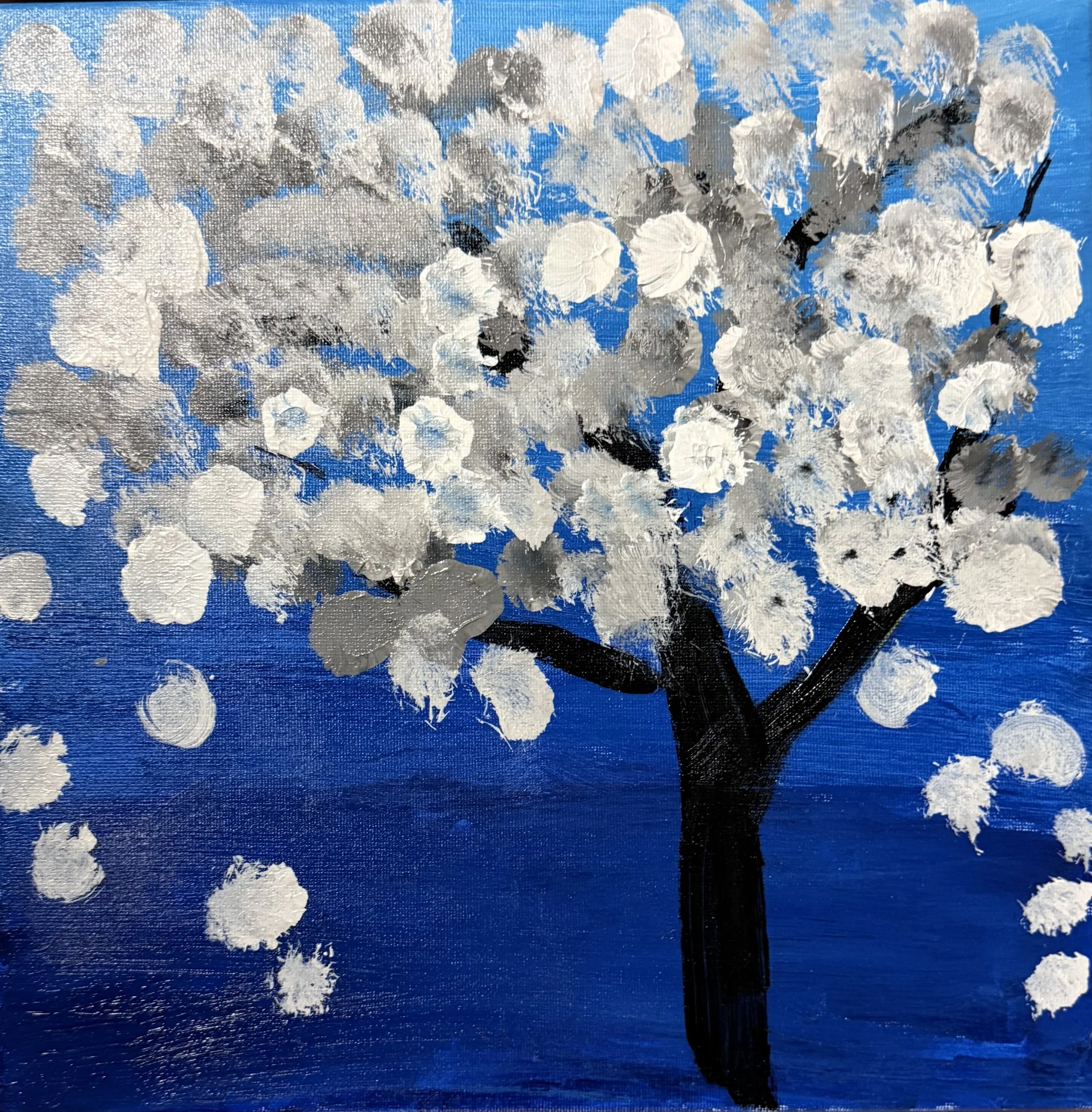 Cornell Liu - The Tree on a Snowy Night (2026) - Acrylic on canvas - This was Cornell’s first time formally learning to create with brushes and canvas during a workshop organised by Affirming Access. He absolutely loved the feeling of the brush touch