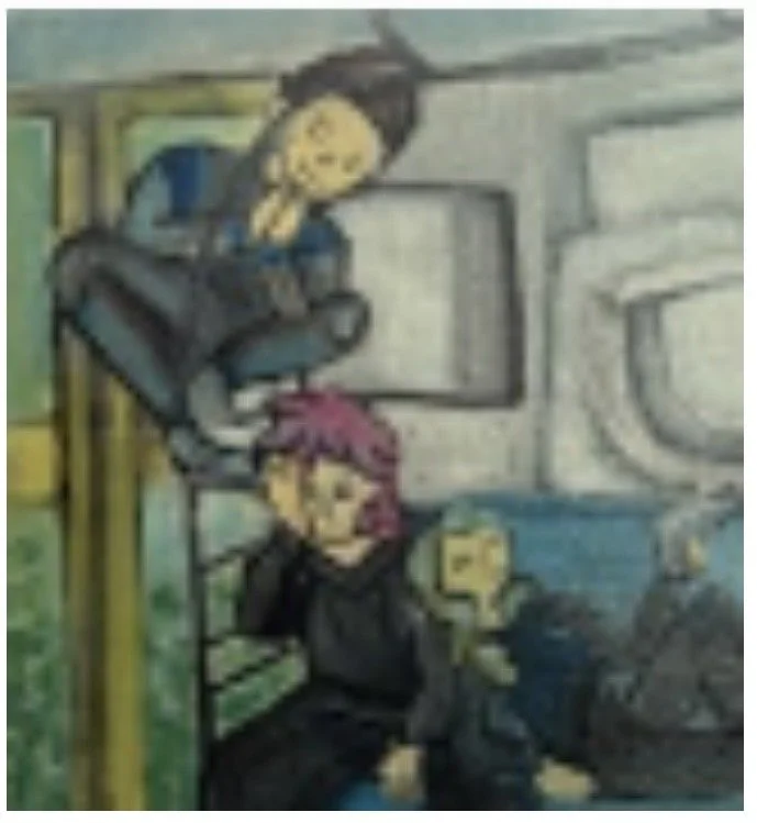 Rollin Thornton - Times That Change Us (2022) - Acrylic on canvas - This is a part of a series of works based off novels I am writing. Based off a work of the same name, this artwork depicts the three main characters, Otis (left) a trans man, his you