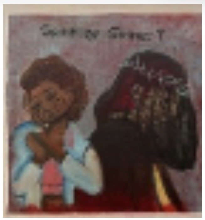 Rollin Thornton - 'Hell'-ish (2022) - Acrylic on canvas - This is a part of a series of works based off novels I am writing. This is the first of the squares I made. Both women are recovering characters in my works. The red head is condemned to life 