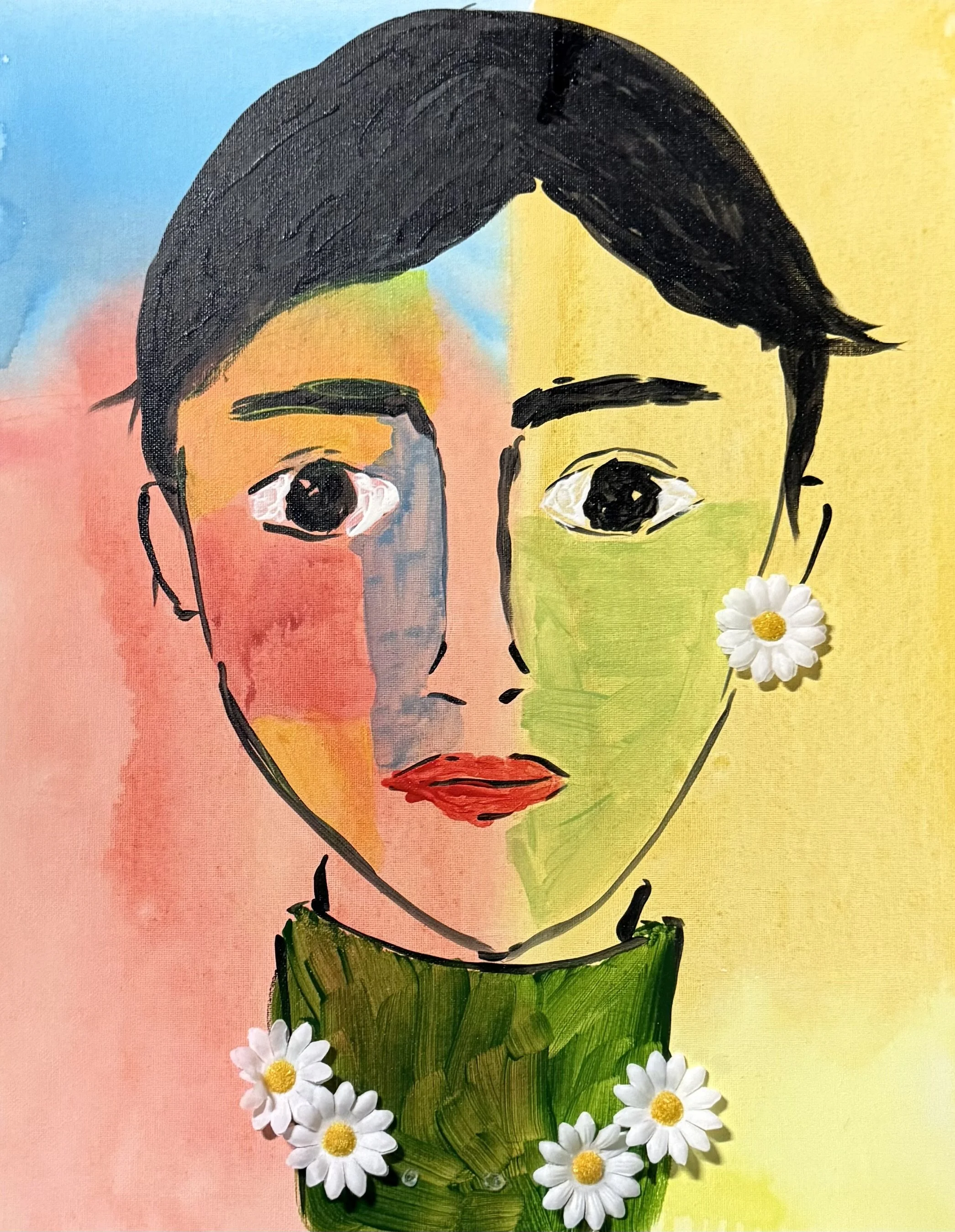 Cornell Liu - The Girl with a Daisy Earring (2026) - Acrylic and mixed media on canvas - For each artwork, we try to “translate” more challenging elements into creative approaches that Cornell can enjoy and comfortably engage with at his current abil