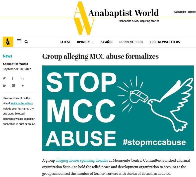 Anabaptist World article about the formation of MAST (MCC Abuse Survivors Together)