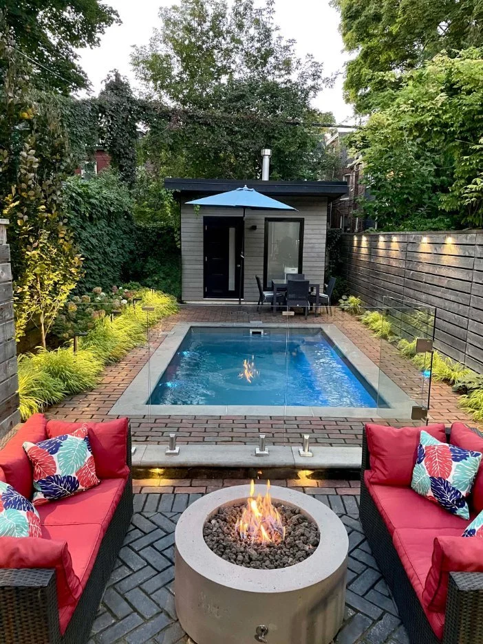 Outdoor living and pool in a small backyard