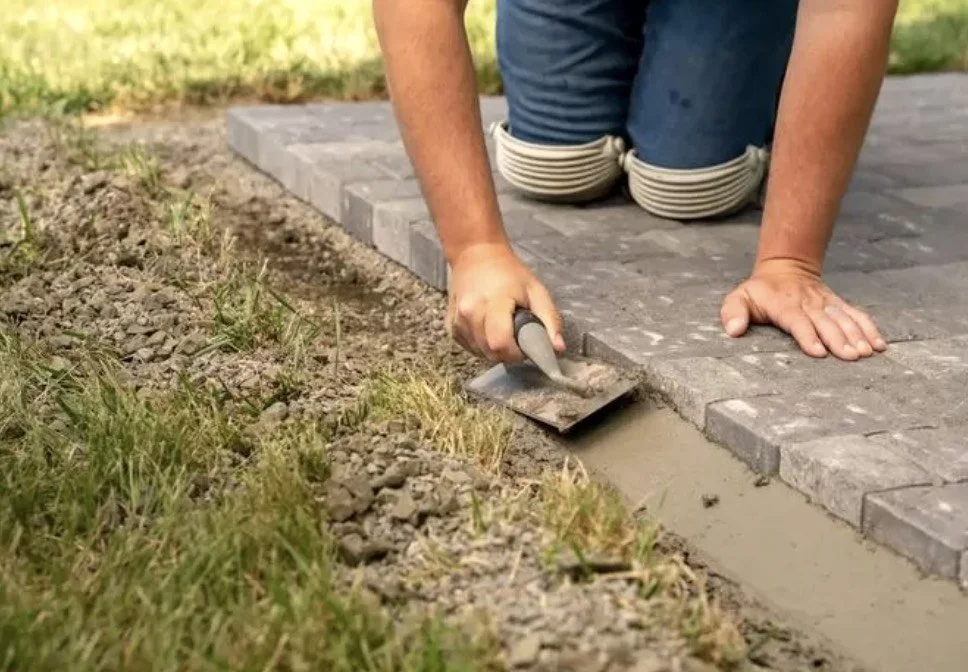 Contractor troweling a 6000 PSI concrete edge restraint to secure interlocking pavers on a Toronto patio and driveway