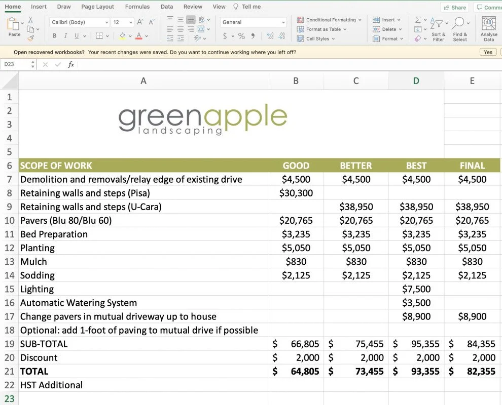 Spreadsheet showing pricing of landscape project
