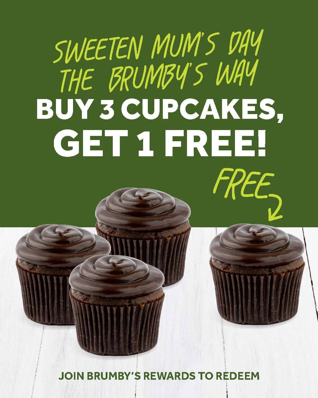 Give Mum what she really wants this Mother&rsquo;s Day 🧁⁠
⁠
This Mother&rsquo;s Day weekend, buy 3 cupcakes and get 1 FREE. Exclusively for Brumby&rsquo;s Rewards members.⁠
⁠
Available May 9 &amp; 10