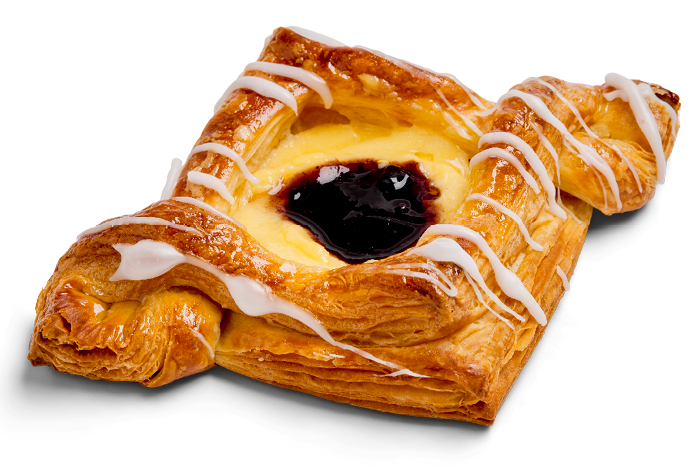 A Danish pastry with a yellow custard filling in the center, topped with a dark berry or jam filling, and drizzled with white icing.