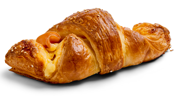 A golden brown cheese croissant with melted cheese inside.