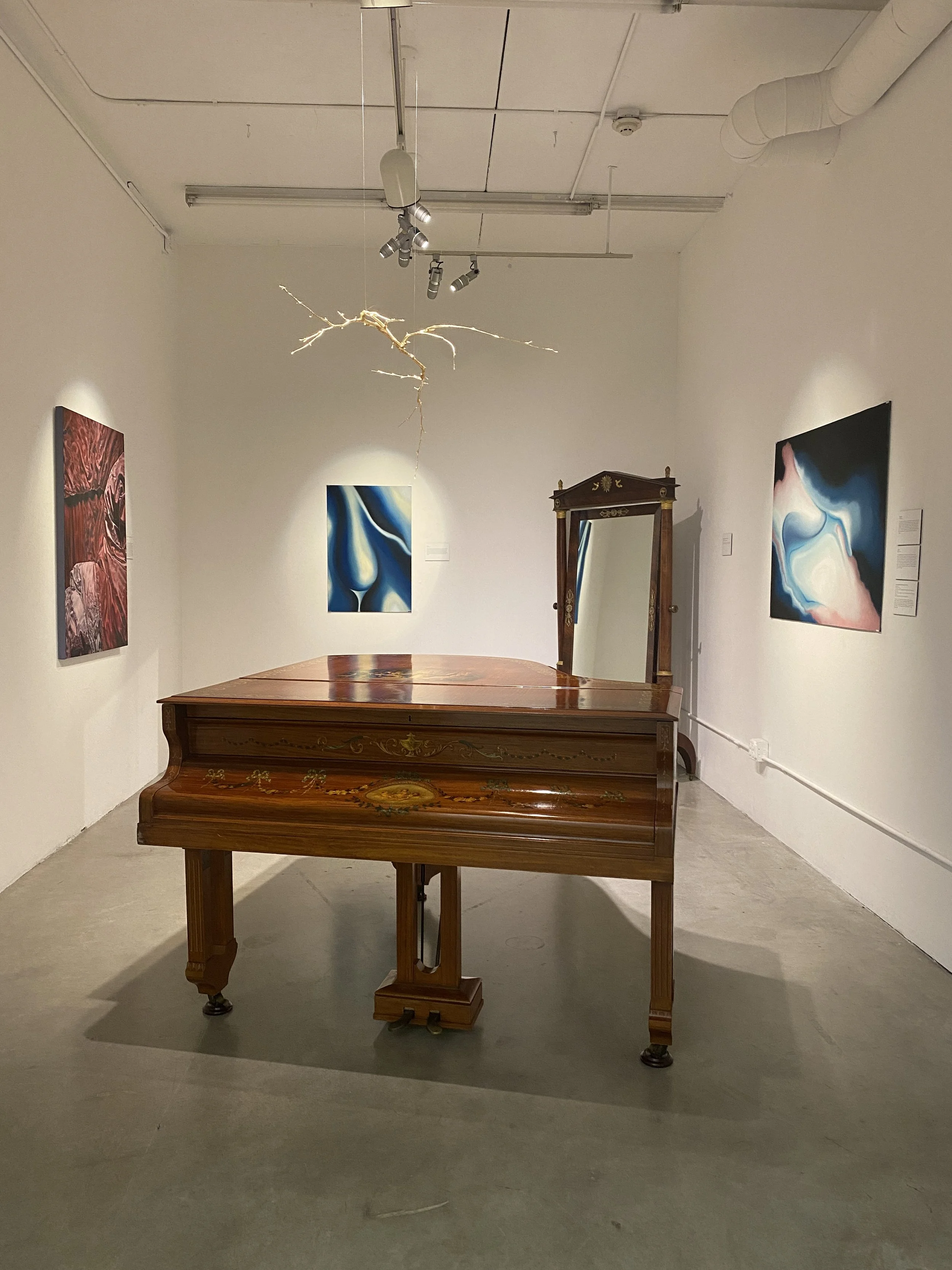 Gallery View: Mirror and Piano from Nia Collection; Paintings by Sara Ajami and Andie Ryan Round