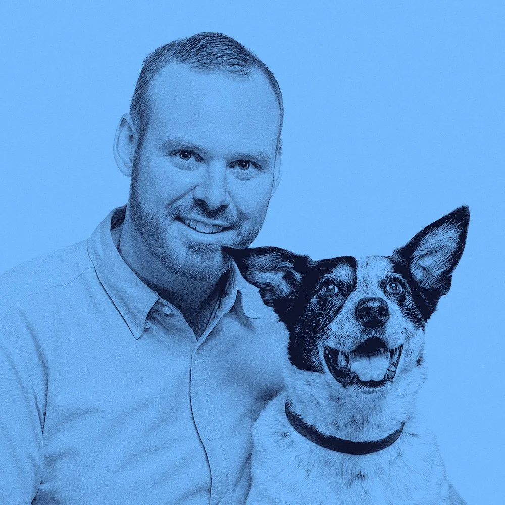 Dr. Matthew Muir, veterinarian partner at Pet Longevity Institute, wearing a collared shirt and posing with a Border Collie Dog, representing expertise in pet health and longevity
