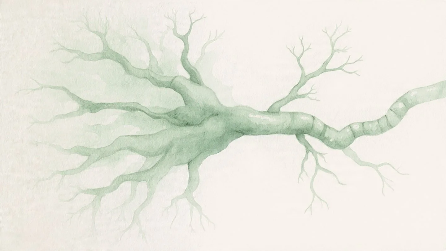 Watercolor illustration of a leafless tree branch extending across a plain background.
