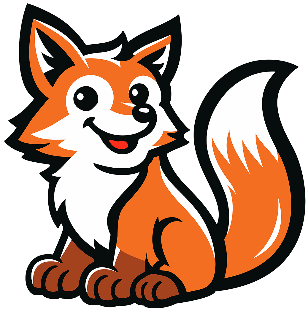 Cartoon illustration of a happy fox with big eyes, sitting with its bushy tail curled around its body, against a black background.