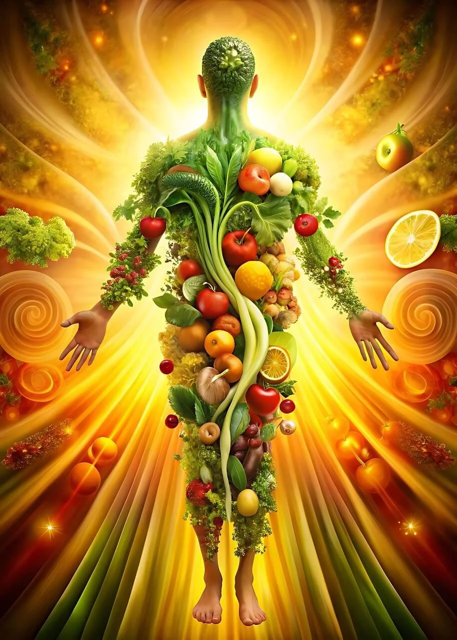 Man made of fruit and veggies, indicating health