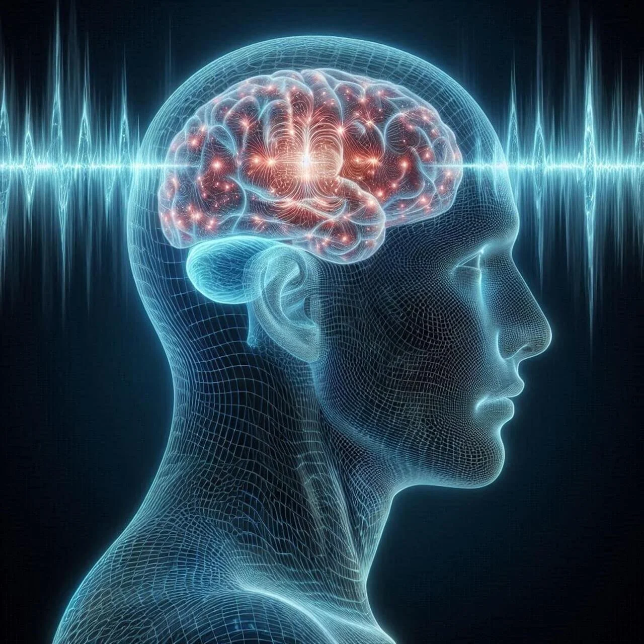 Soundwave going through man's brain, showing neural connections