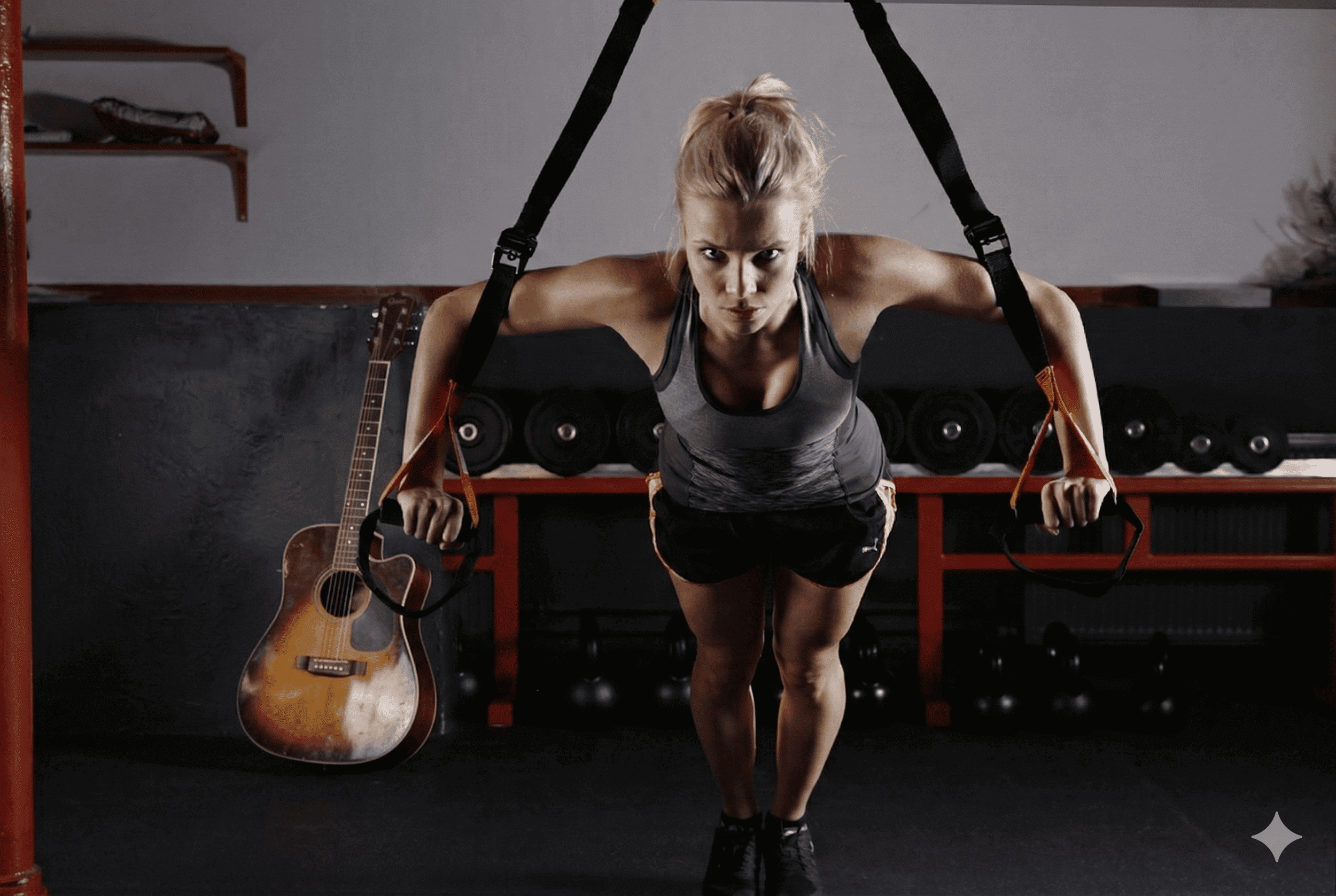 Woman doing resistance training with bands, guitar in the background