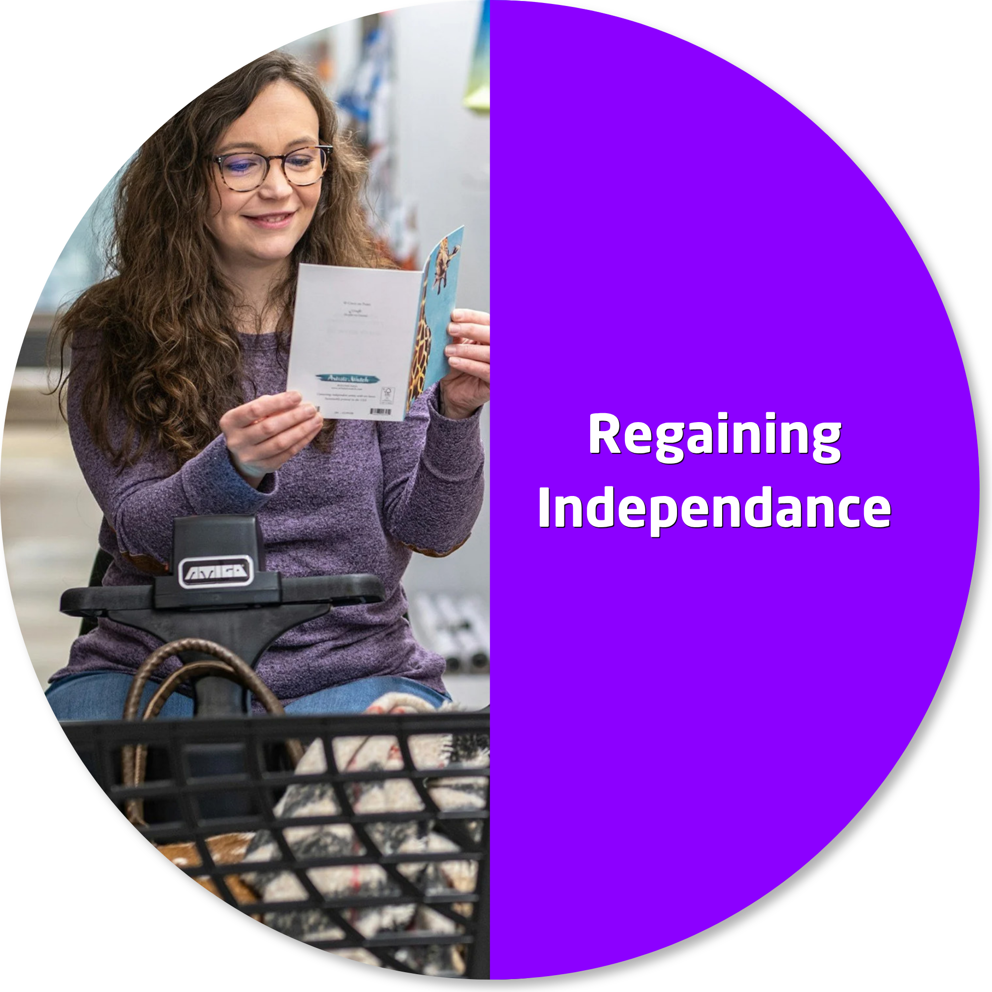 Person using a mobility scooter shopping independently in a store, representing accessibility, community participation, and everyday independence