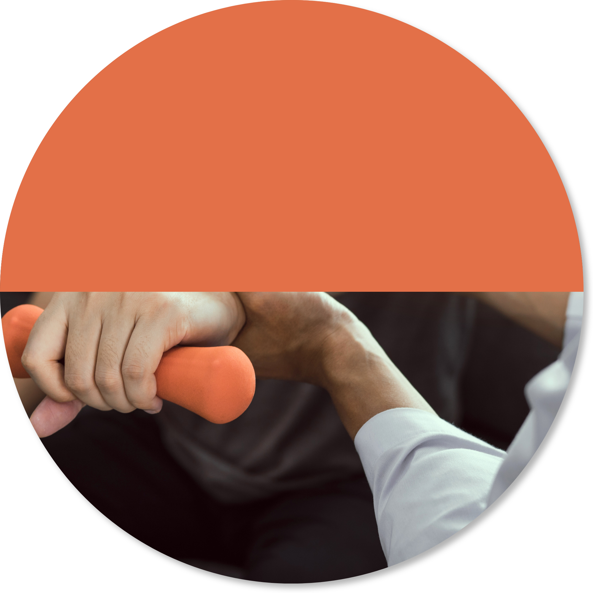 Close-up of a person using a hand weight during upper limb rehabilitation with support from a therapist, focusing on strength, movement, and recovery of arm and hand function