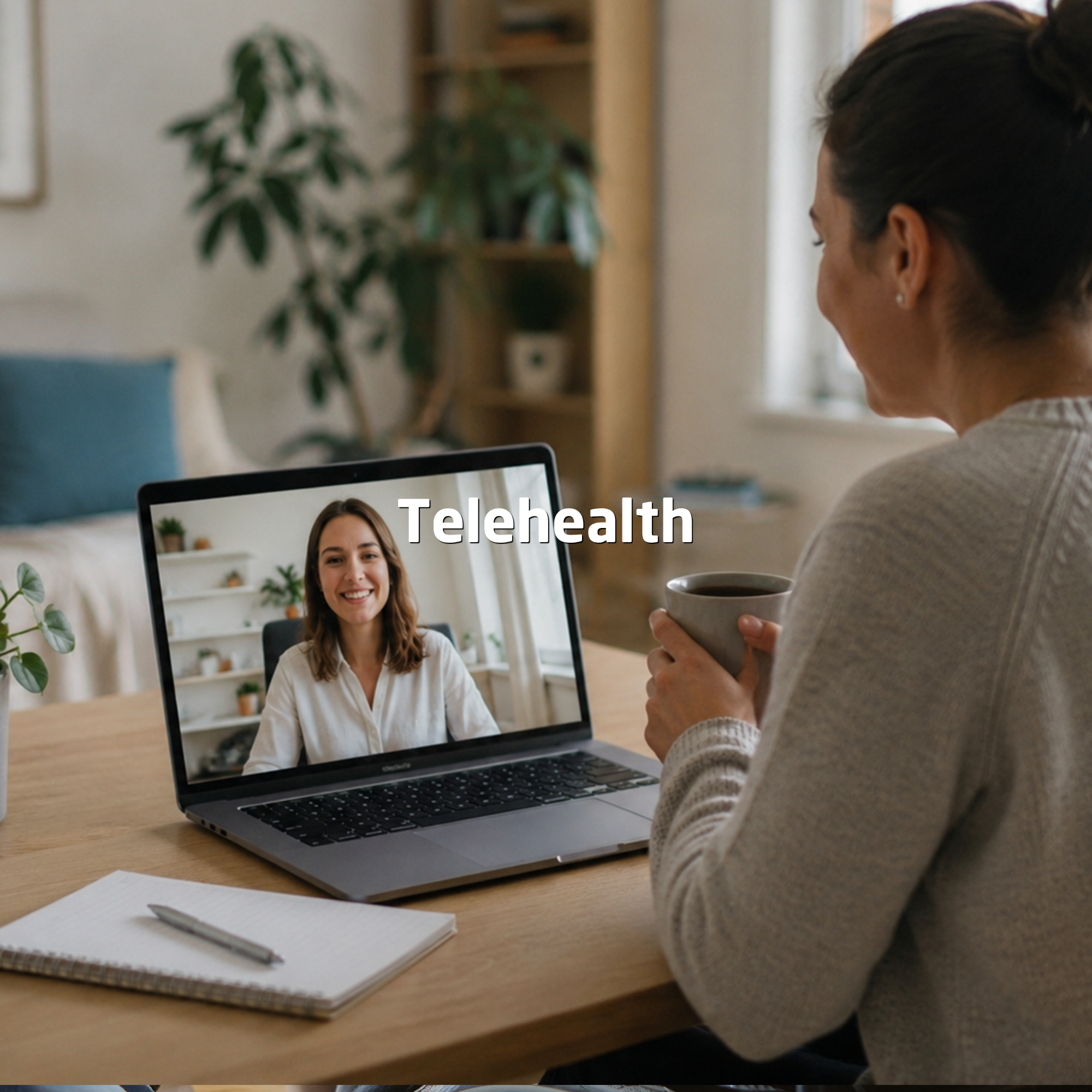 Woman attending a neurological occupational therapy telehealth consultation from home using a laptop in a calm and comfortable environment