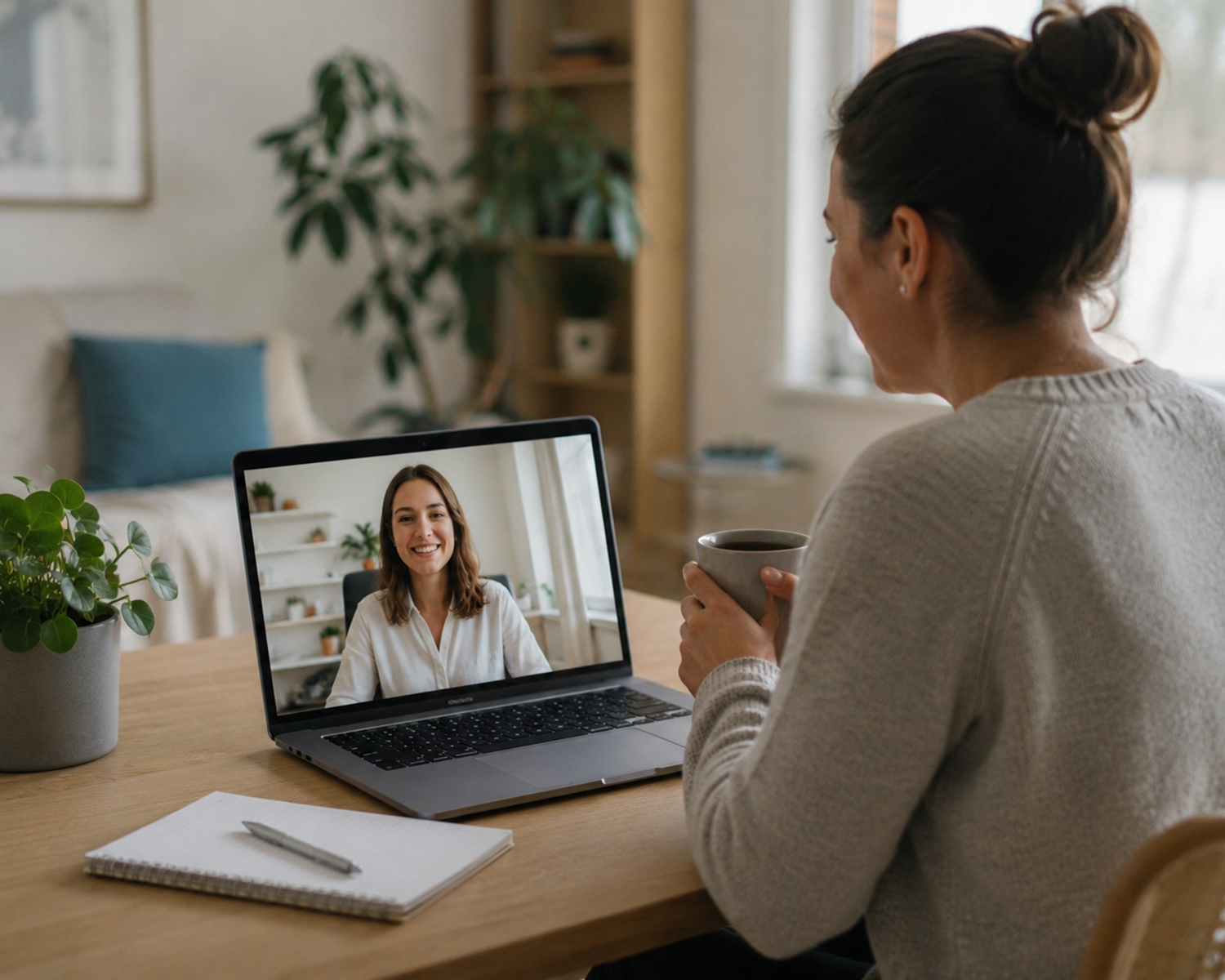 Woman participating in a neurological occupational therapy telehealth session from home using a laptop in a calm and supportive environment