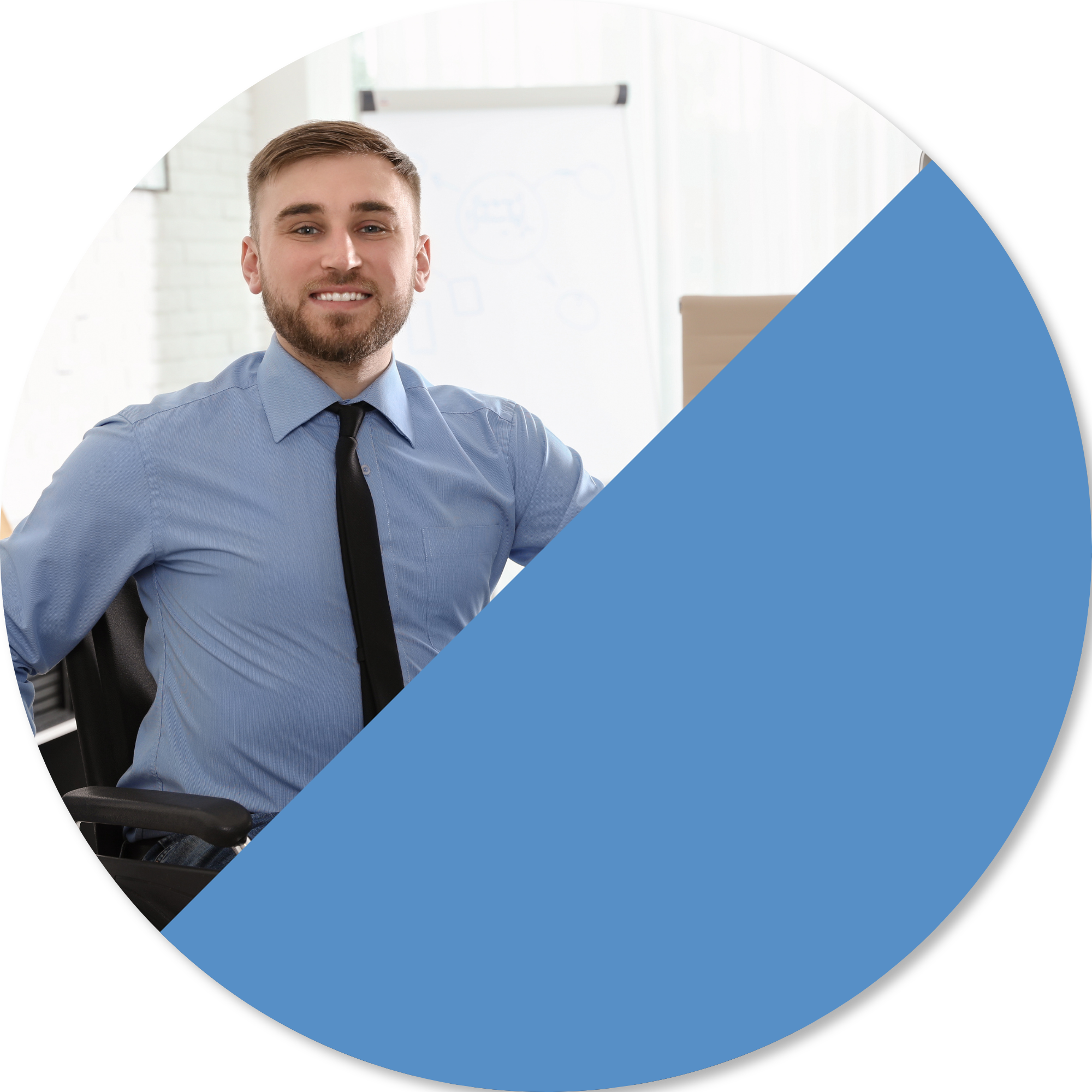 Smiling man seated in an office environment, representing successful return to work, confidence, independence, and participation in meaningful employment after rehabilitation or illness.