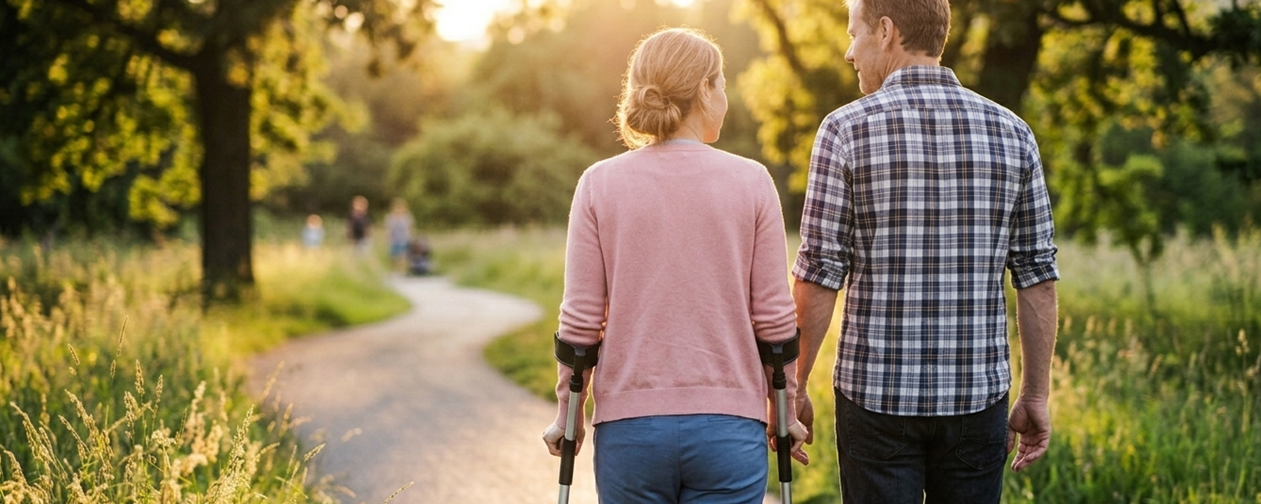 Person using forearm crutches walking alongside a companion on a peaceful park path at sunset