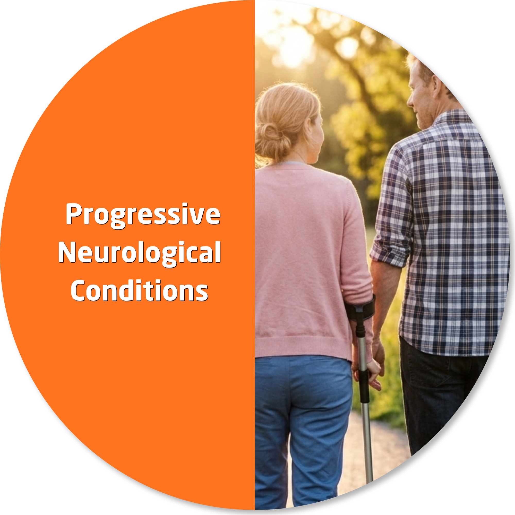 Person using forearm crutches walking with a companion along a park path, representing support and rehabilitation for progressive neurological conditions