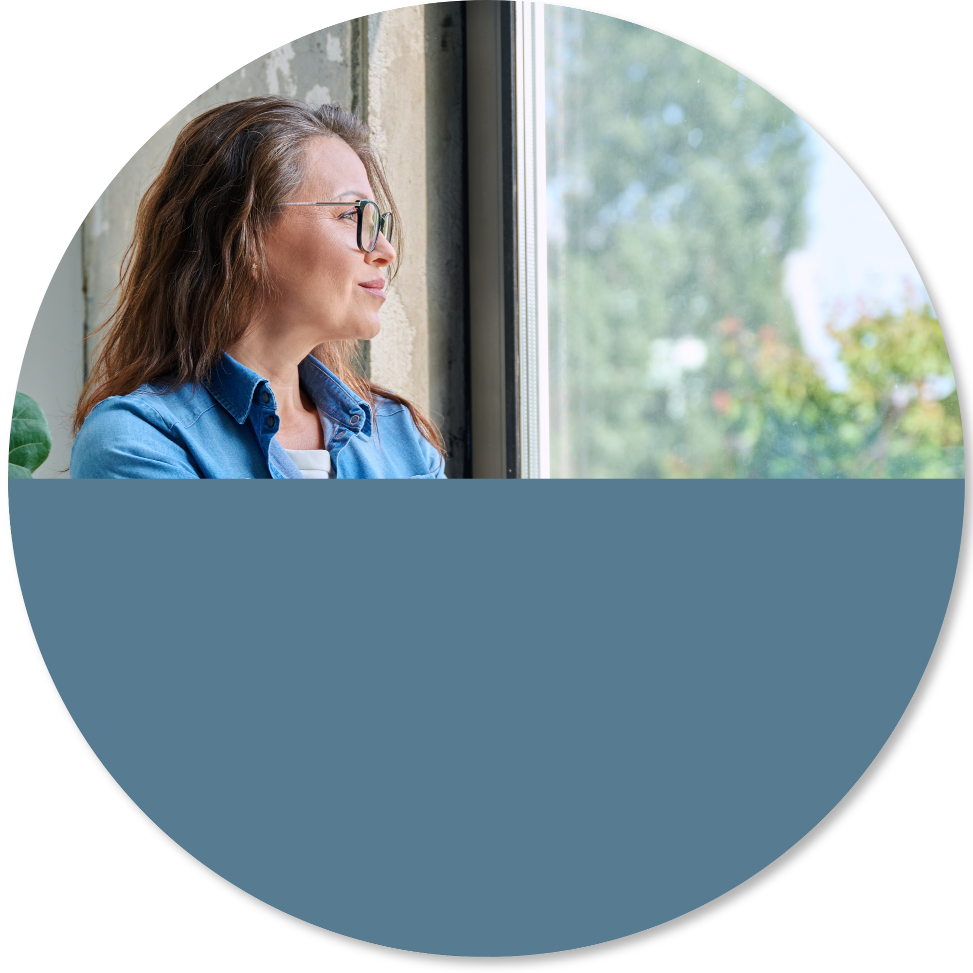 Woman looking thoughtfully out a window, representing fatigue, isolation, reflection, and the gradual process of rebuilding confidence and community participation after illness or neurological challenges