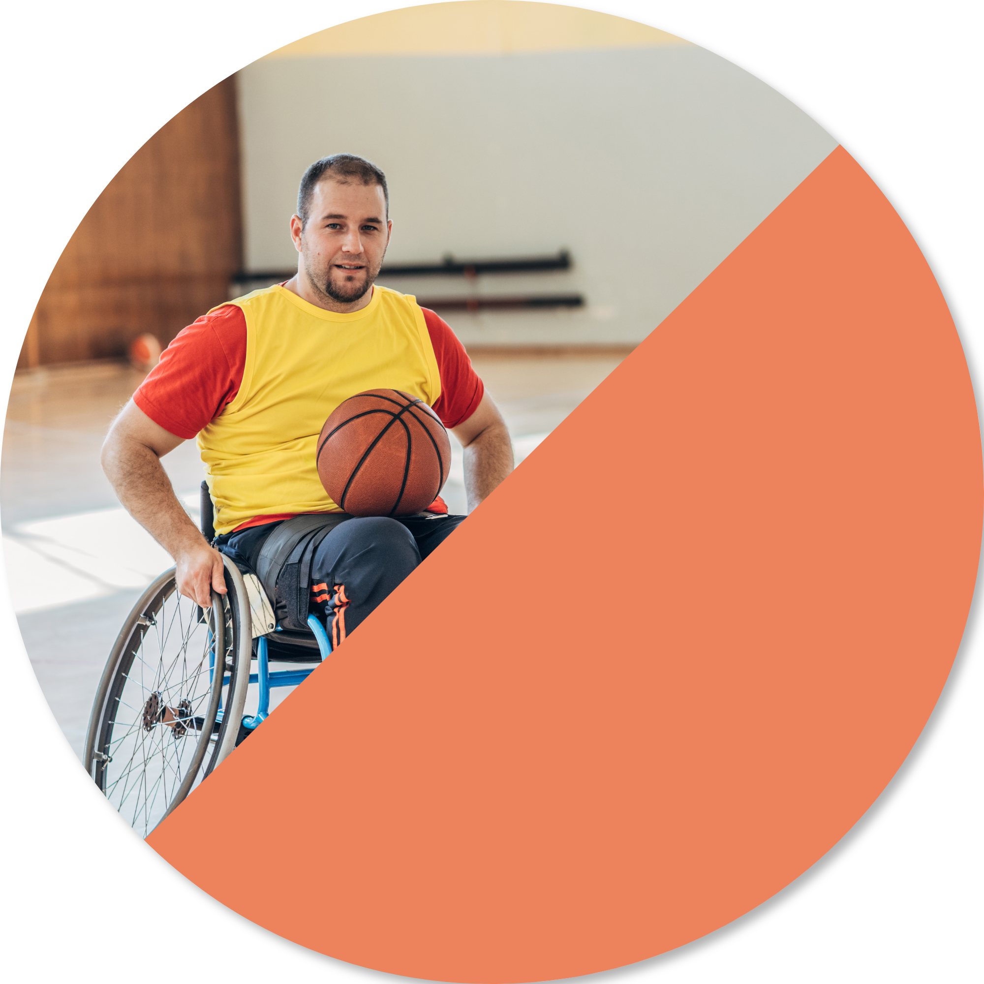 Person using a sports wheelchair while holding a basketball, representing adaptive sports equipment, participation in para sport, independence, confidence, and active community involvement after physical disability or neurological injury.