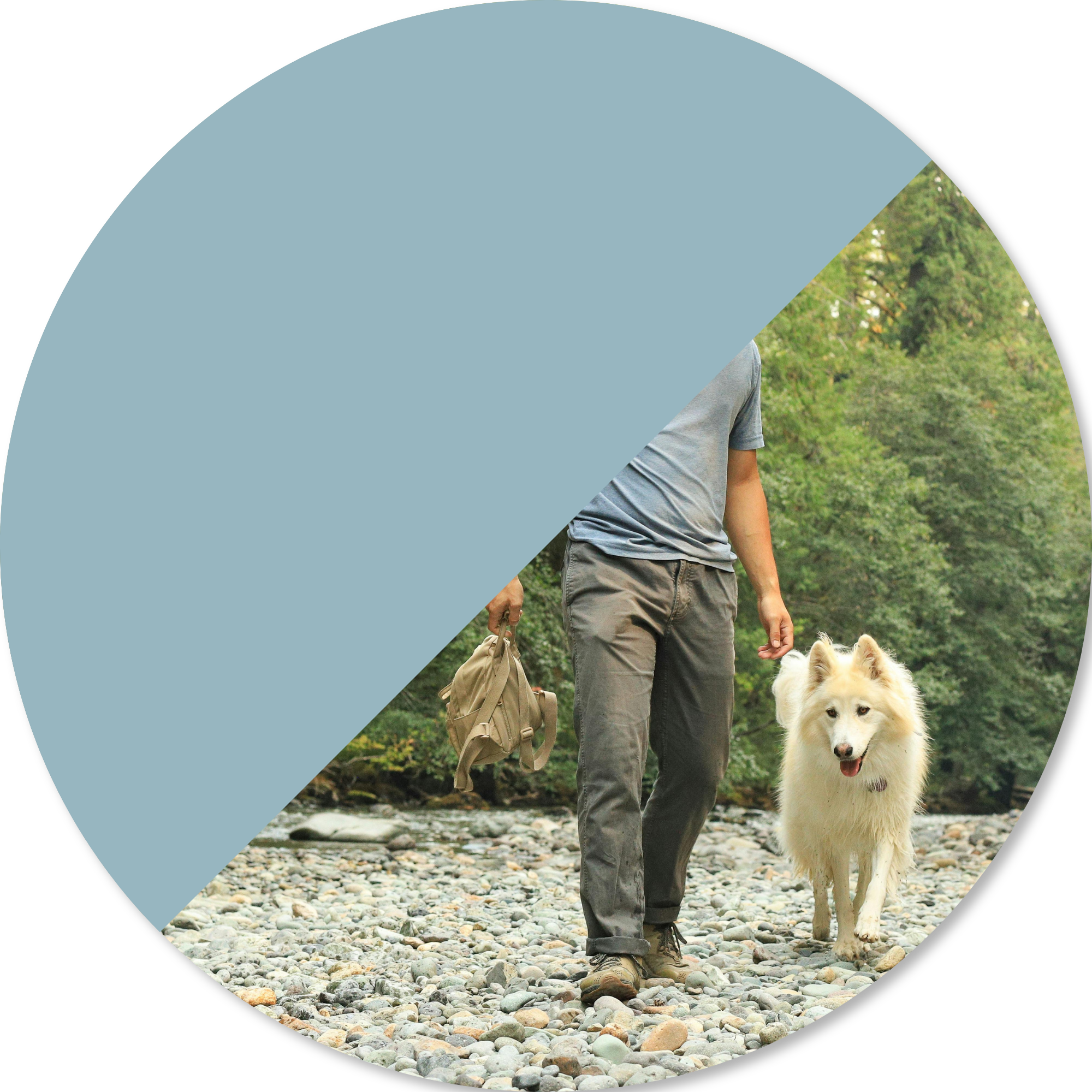 Person walking outdoors beside a dog on a rocky riverside path, representing returning to meaningful activities, independence, confidence, and community participation after illness or neurological injur