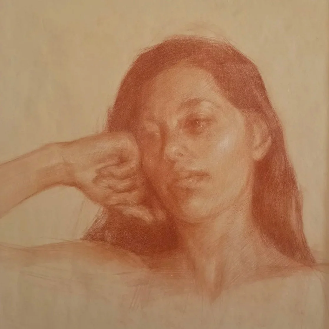 "Red Chalk Portrait" Red Chalk on Prepared Paper 14" x 14" Rachel Pierson $1000