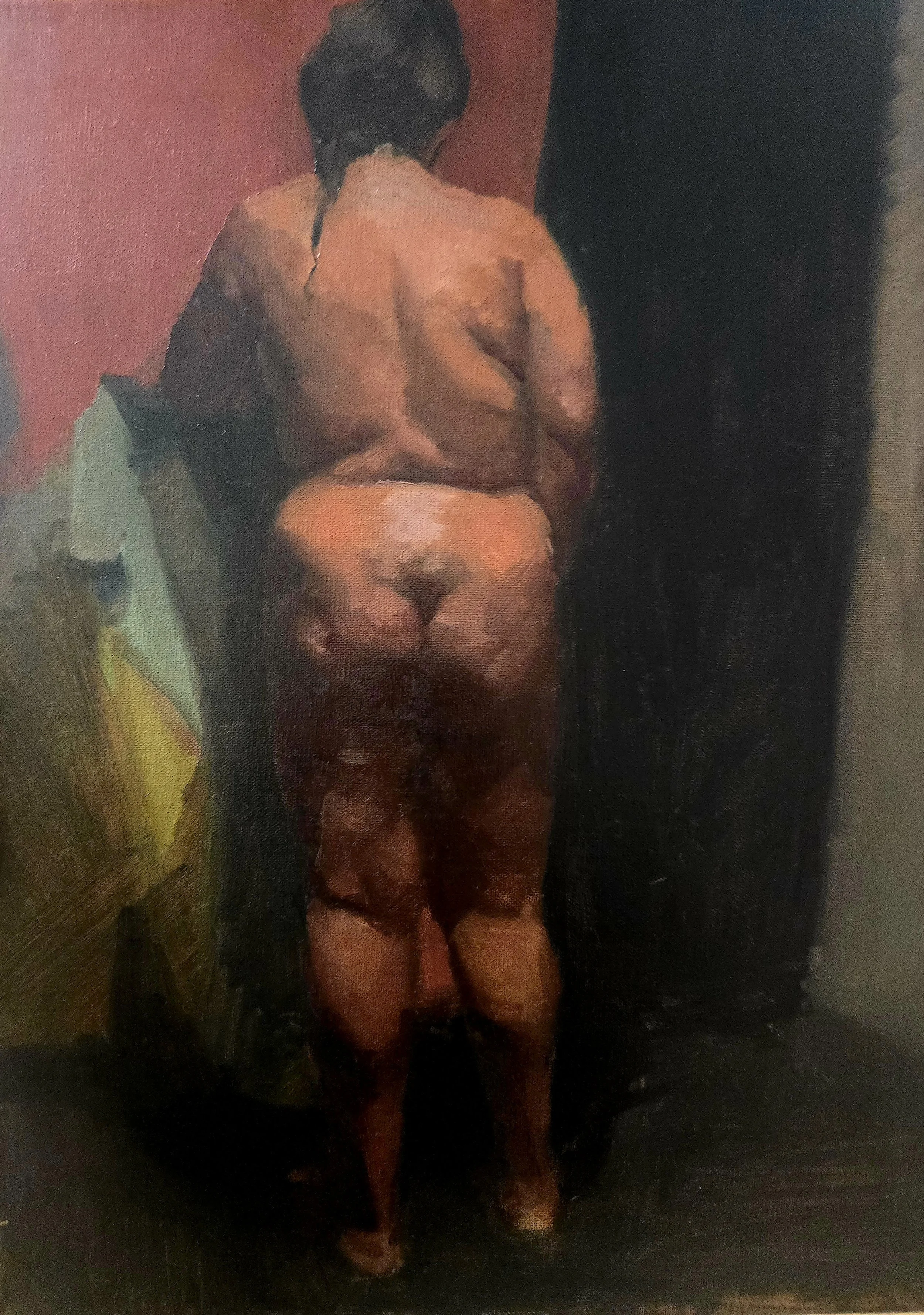 Student Work from Art Class. Oil painting of a person standing nude, facing away, with short dark hair, against a pink and black background.