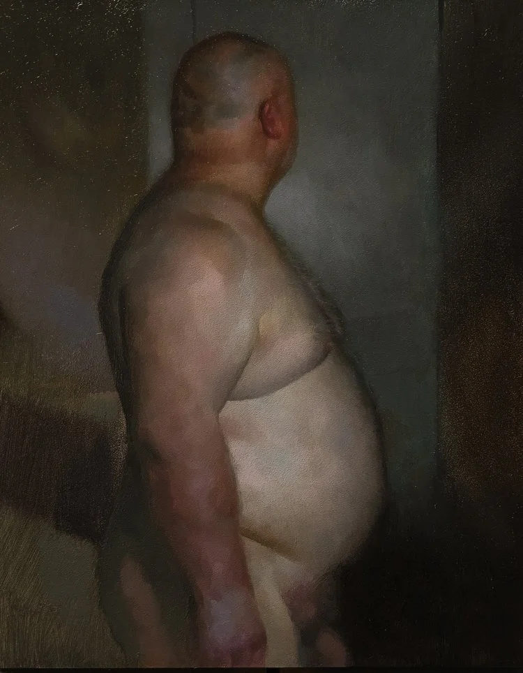 Figure painting of A man with a muscular build, short hair, and no shirt, viewed from the side in a dimly lit room.
