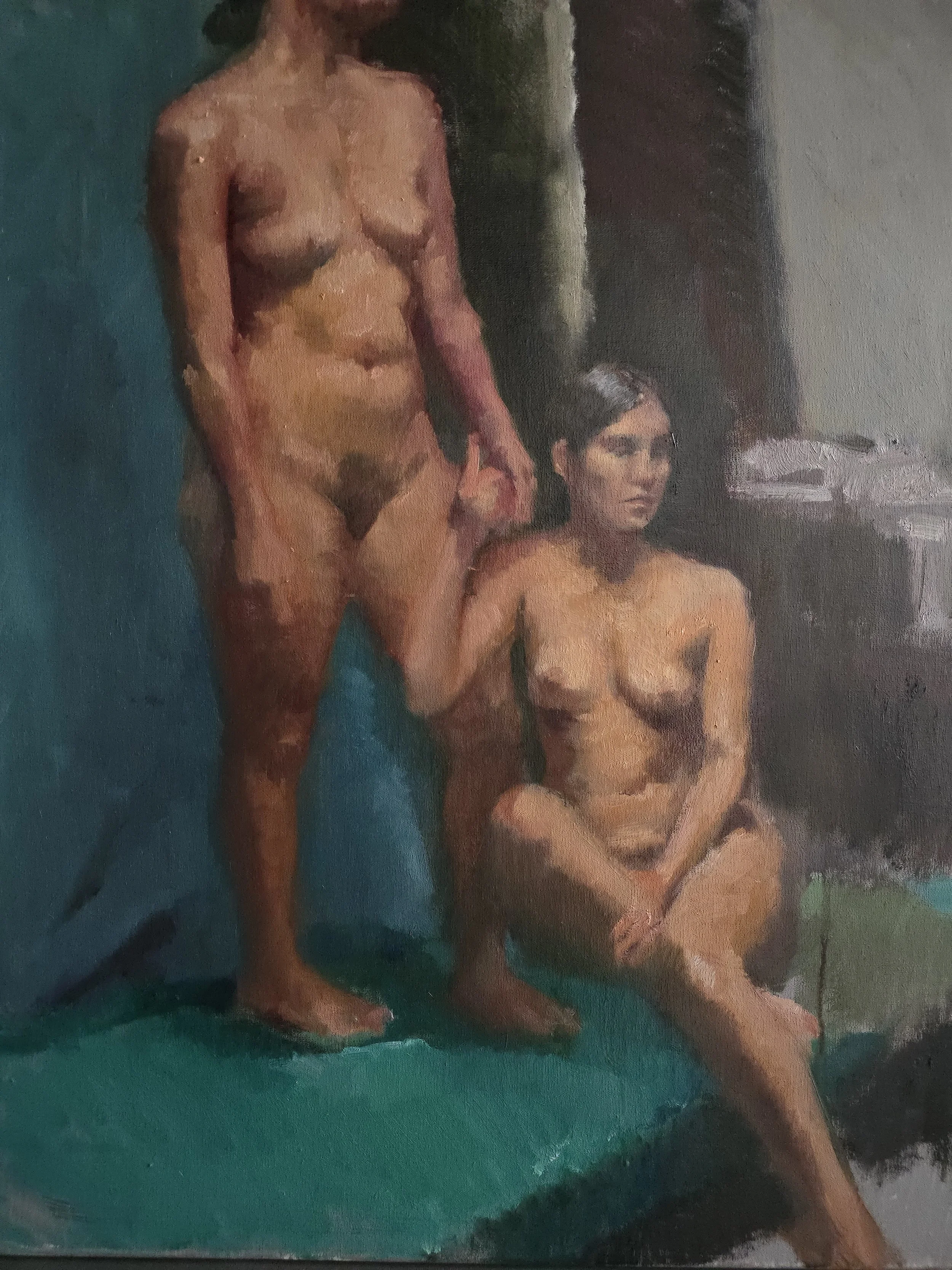 Open Studio oil painting of two nude women, one standing and one seated, in an indoor setting.