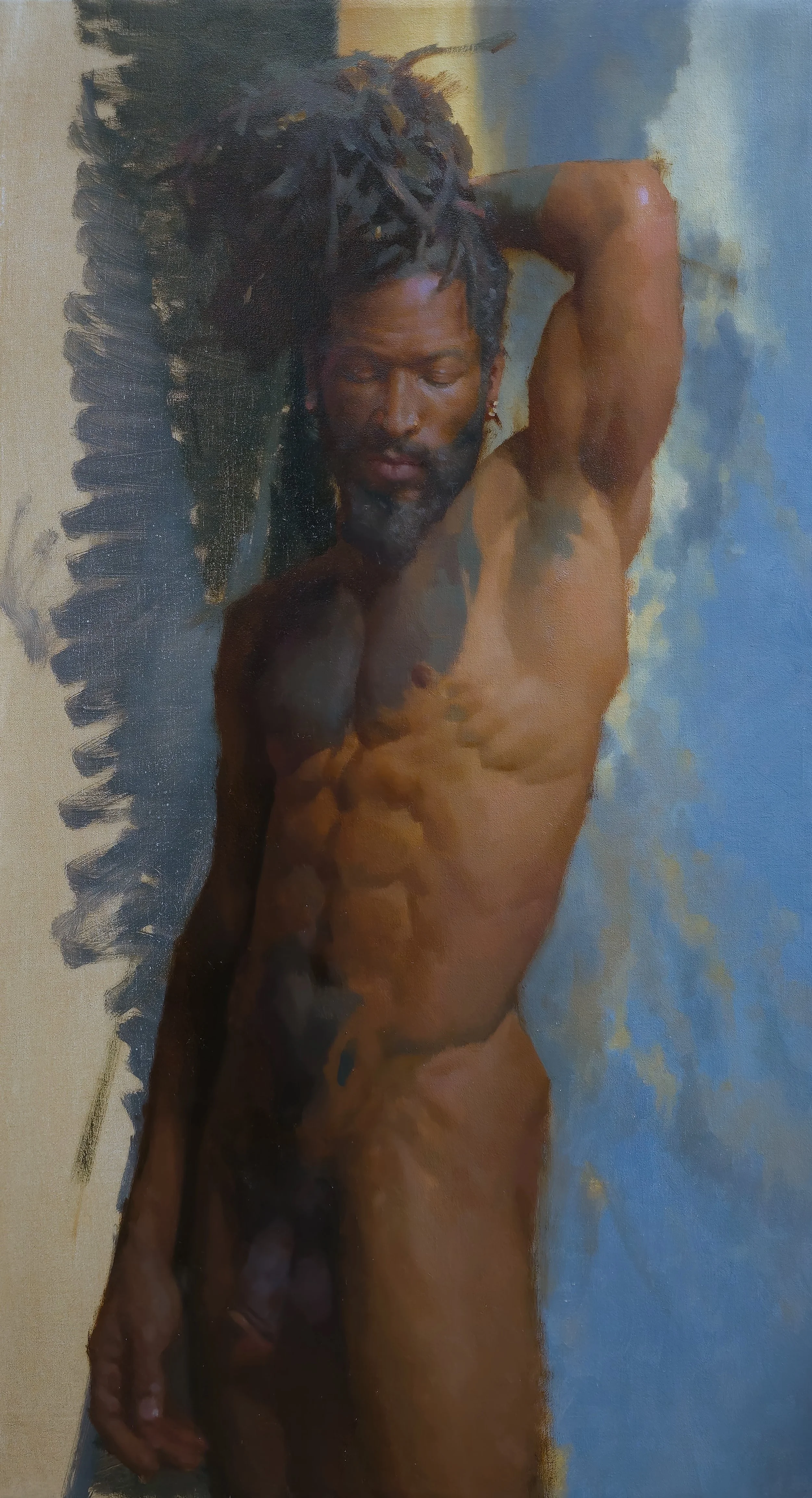 A painting of a nude man with long dreadlocks, standing with one arm raised behind his head, eyes closed, and a serene expression, with a background of abstract sky and clouds. Darren Kingsely art instructor work.